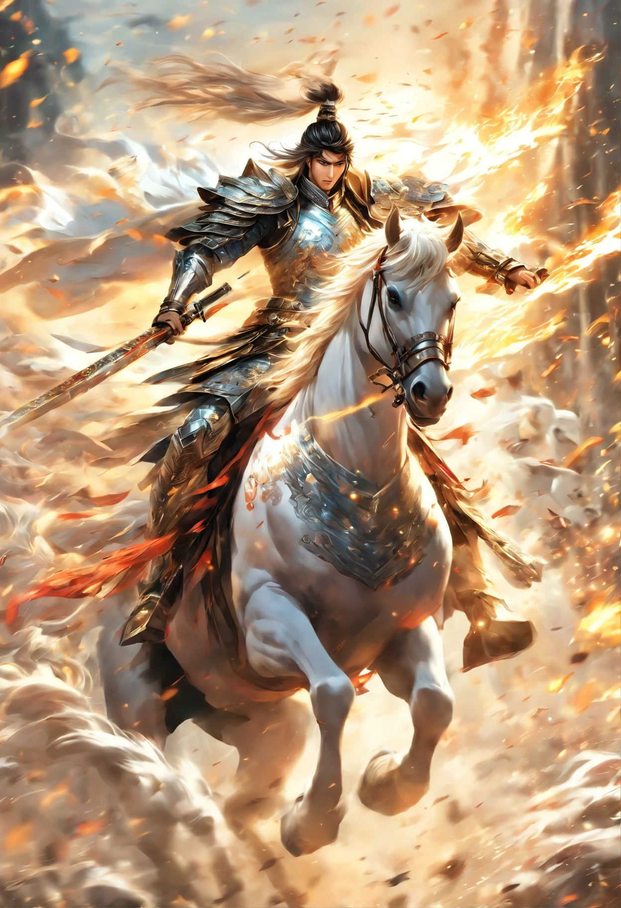 zhao yun,A young general in white,Riding a white horse is charging,Holding a long gun in his hand,The war is raging,Warring states,The armor which is gorgeous with a silver pattern