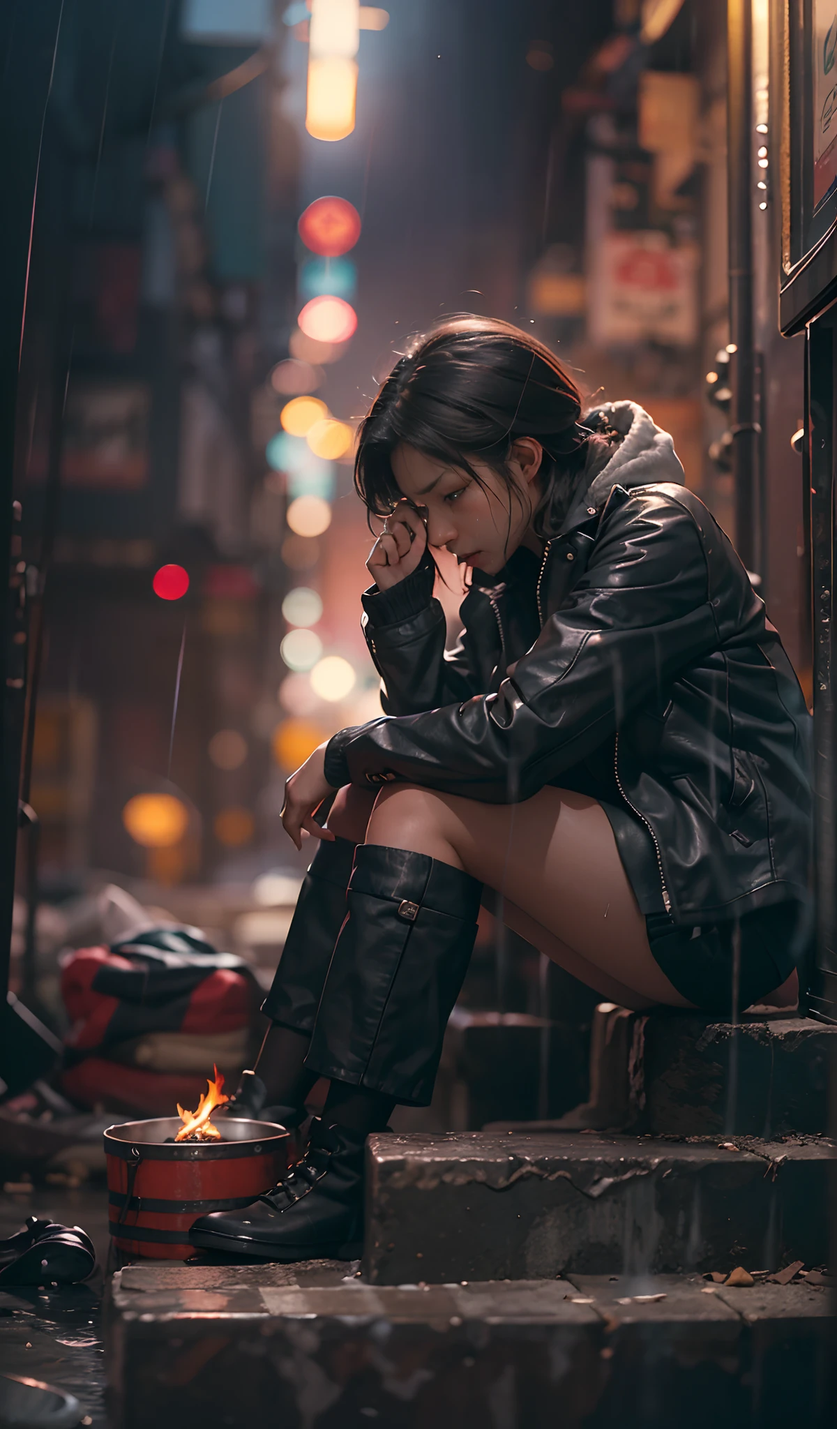 masterpiece, concept art, photography, 1girl, sitting near wall, wearing leather jacket, fire barrel, warming herself, focus shot, cinematic, crying, under heavy rain, night, new york city slum, background, sad, melancholy, (epic composition, epic proportion), volumetric lighting, reflection, HD