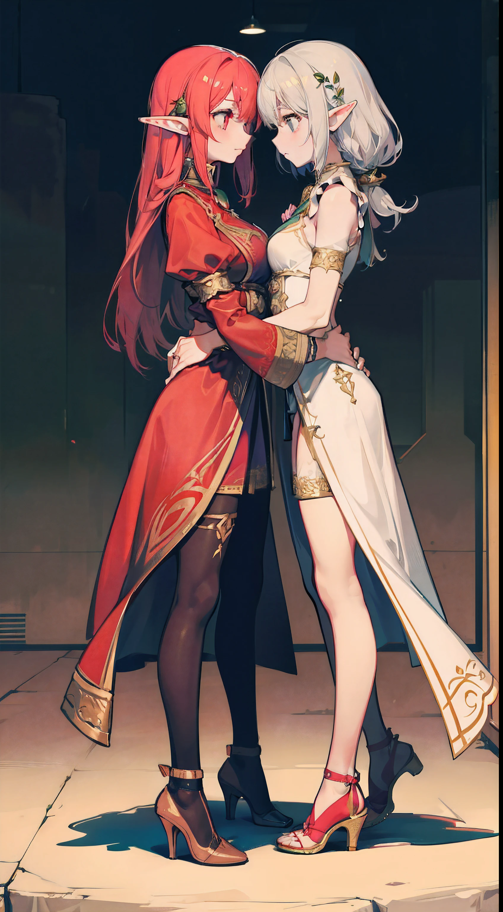 Two female elves,Equal stature,Hold each other,Look face to face