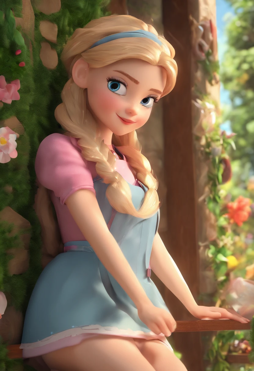 Best quality, Masterpiece, Photorealistic, Extremely detailed Cg Unity 8K wallpaper, tchibi,1girll, Elsa,Solo, full_Body, Smile, Looking_at_peeping at the viewer, Outdoors,
