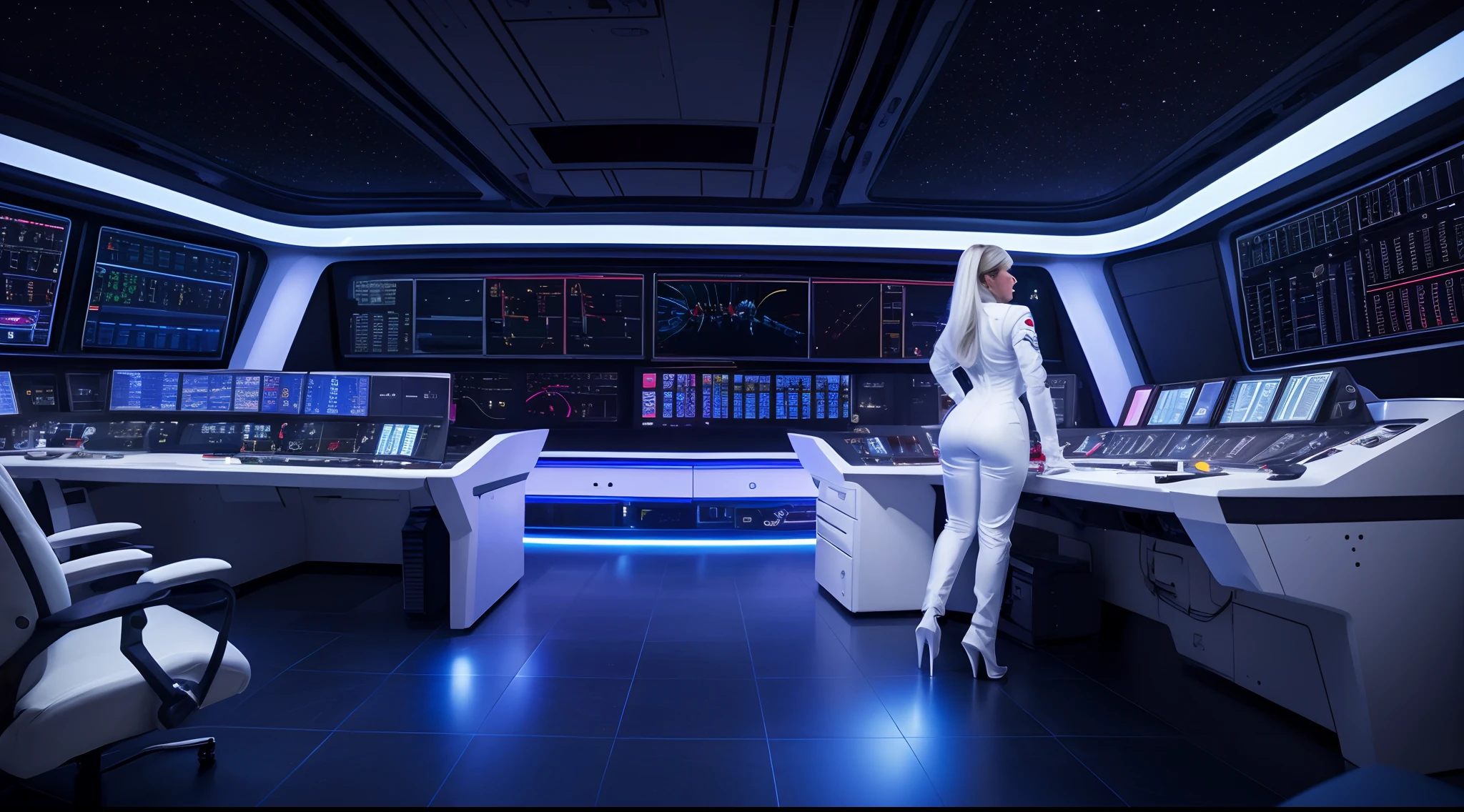 (masterpiece), 1person, beautiful white female, wearing sexy spacesuit and high heels, spacecraft control room, computers, vivid colors, flashing lights,