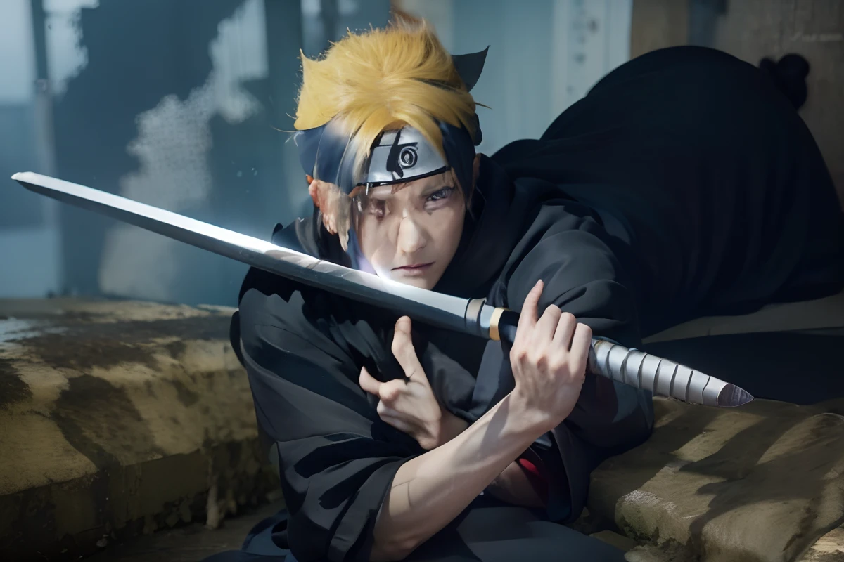 1. Laki, Uzumaki boruto, black robe, sword, realistic,