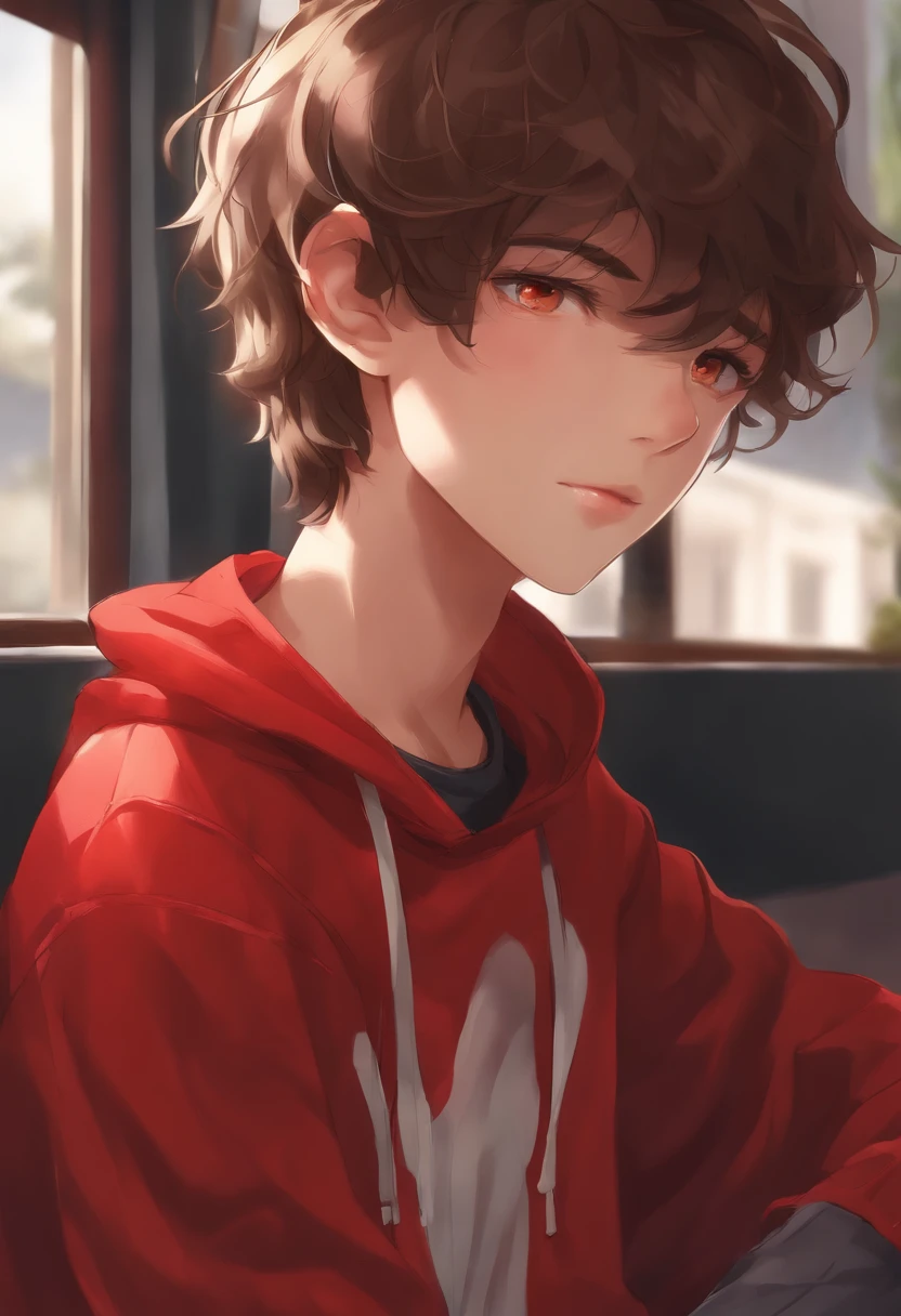 1 boy, with clases, , Brown eyes, Brown hair, red sweatshirt, anime arte
