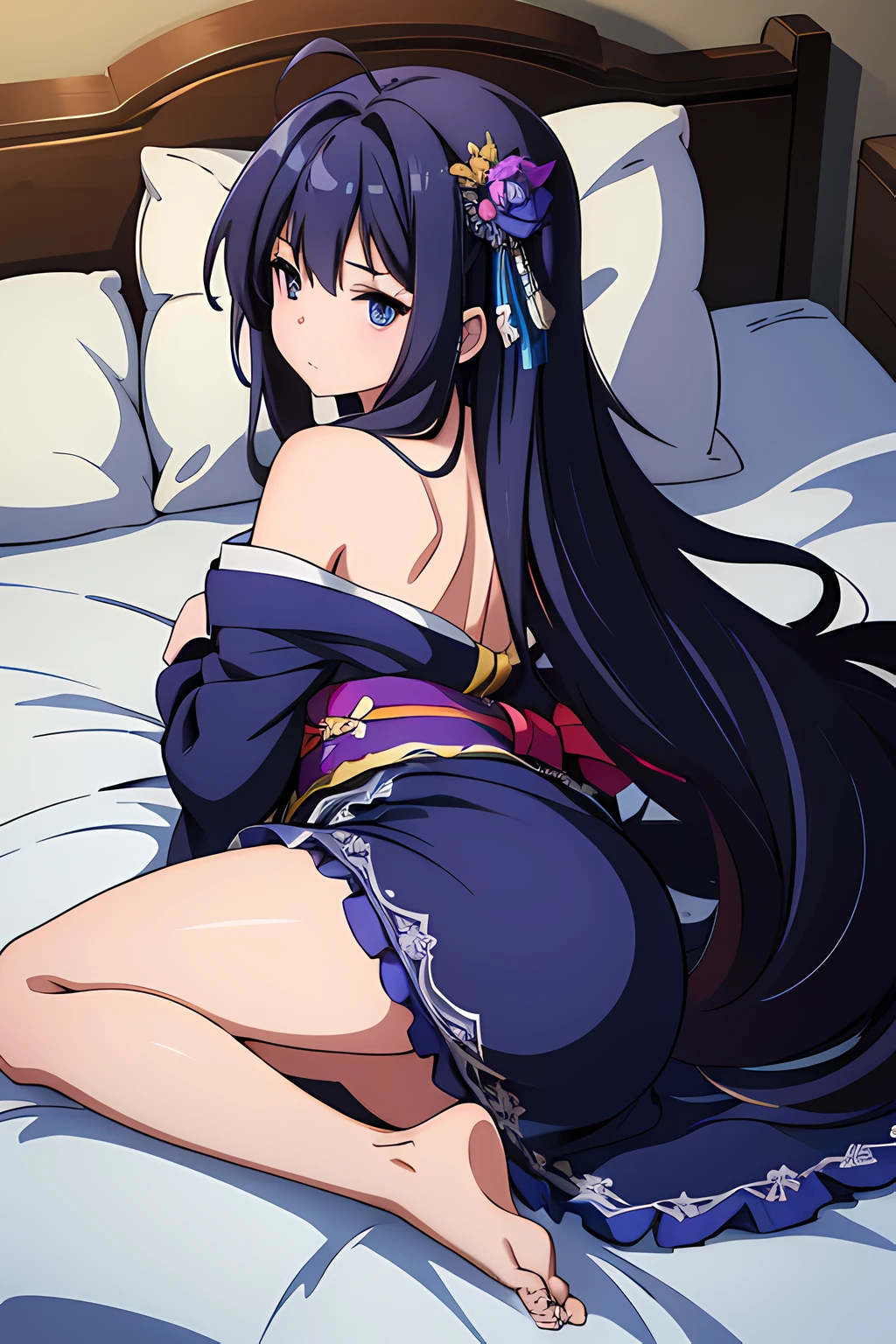 (1girl in),(beautiful eyes finely detailed, Face to detail, blue hair, long hair), kimono wedding dress, facing away from the camera, backside, lying on bed with doggy style sex position, her butt covered with blanket, bedroom, camera angle from behind, full body, masterpiece sidelighting, ​masterpiece, top-quality, detailed, High resolution illustration