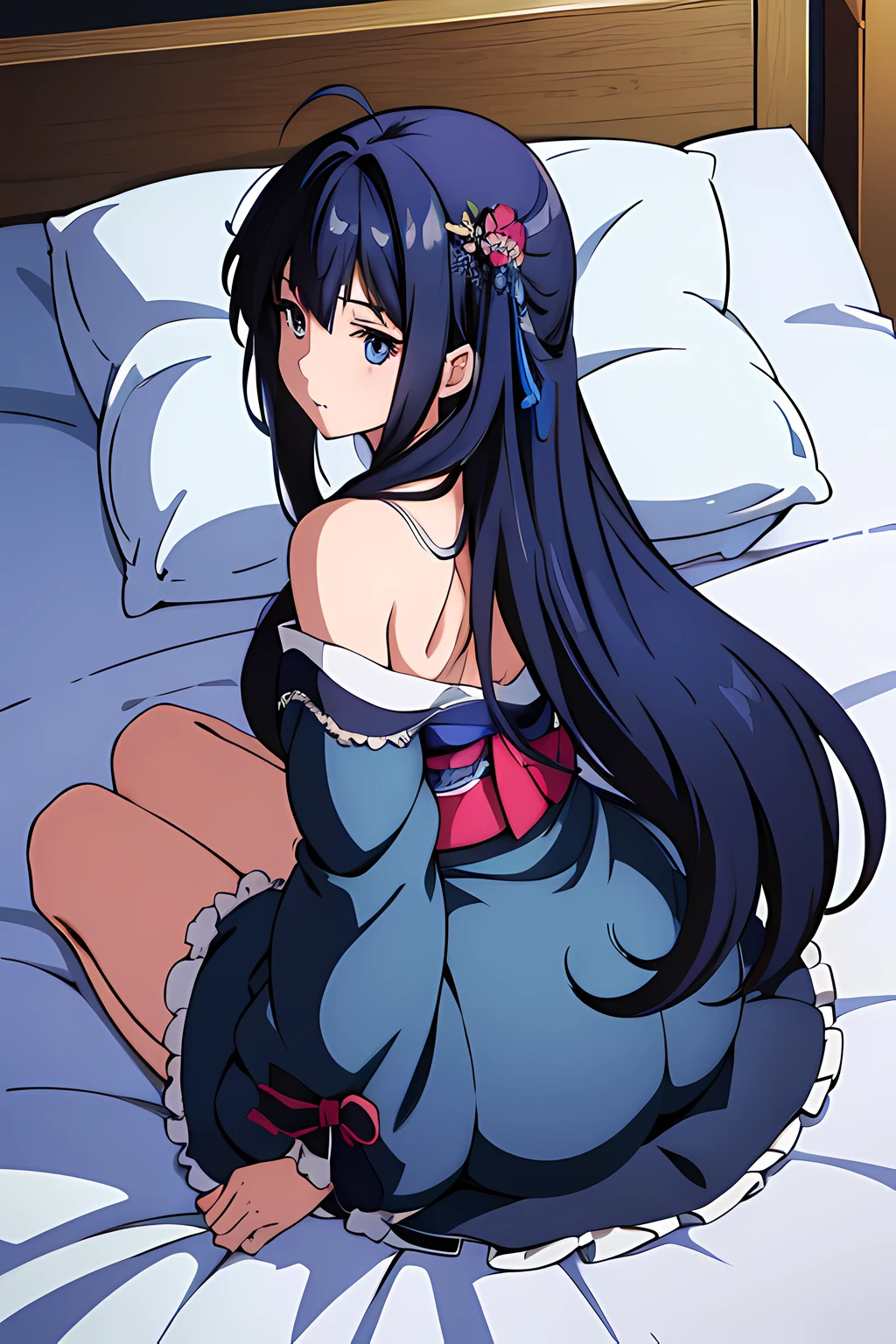 (1girl in),(beautiful eyes finely detailed, Face to detail, blue hair, long hair), wedding kimono dress, facing away from the camera, backside, lying on bed with doggy style sex position, her butt covered with blanket, bedroom, camera angle from behind, full body, masterpiece sidelighting, ​masterpiece, top-quality, detailed, High resolution illustration