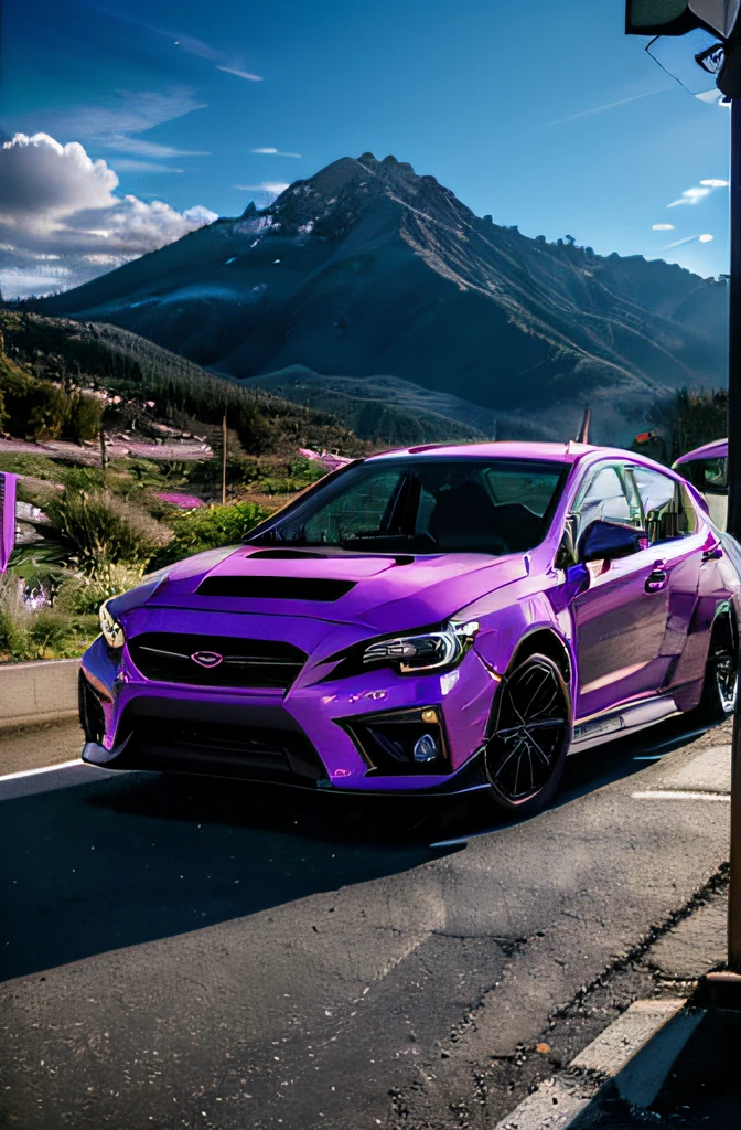 retrowave. 2020 Subaru WRX STI on the road, PURPLE NEON MONITOR LIGHT, Sun, Mountain, Wall Paper, Best quality, Perfect quality, Photorealistic, Ultra photo realsisim, absurderes, (Masterpiece,Detailed,A high resolution),