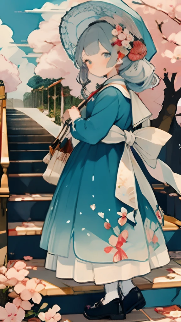 1girl, bird, umbrella, long hair, outdoors, dress, solo, blue eyes, holding, blue dress, pink flower, flower, black footwear, white hair, day, holding umbrella, petals, bag, stairs, long sleeves, looking at viewer, socks, white socks, shoes, sky, bangs, looking back, cherry blossoms, sailor collar, hair flower, blue sky, standing, hair ornament, bow, tree