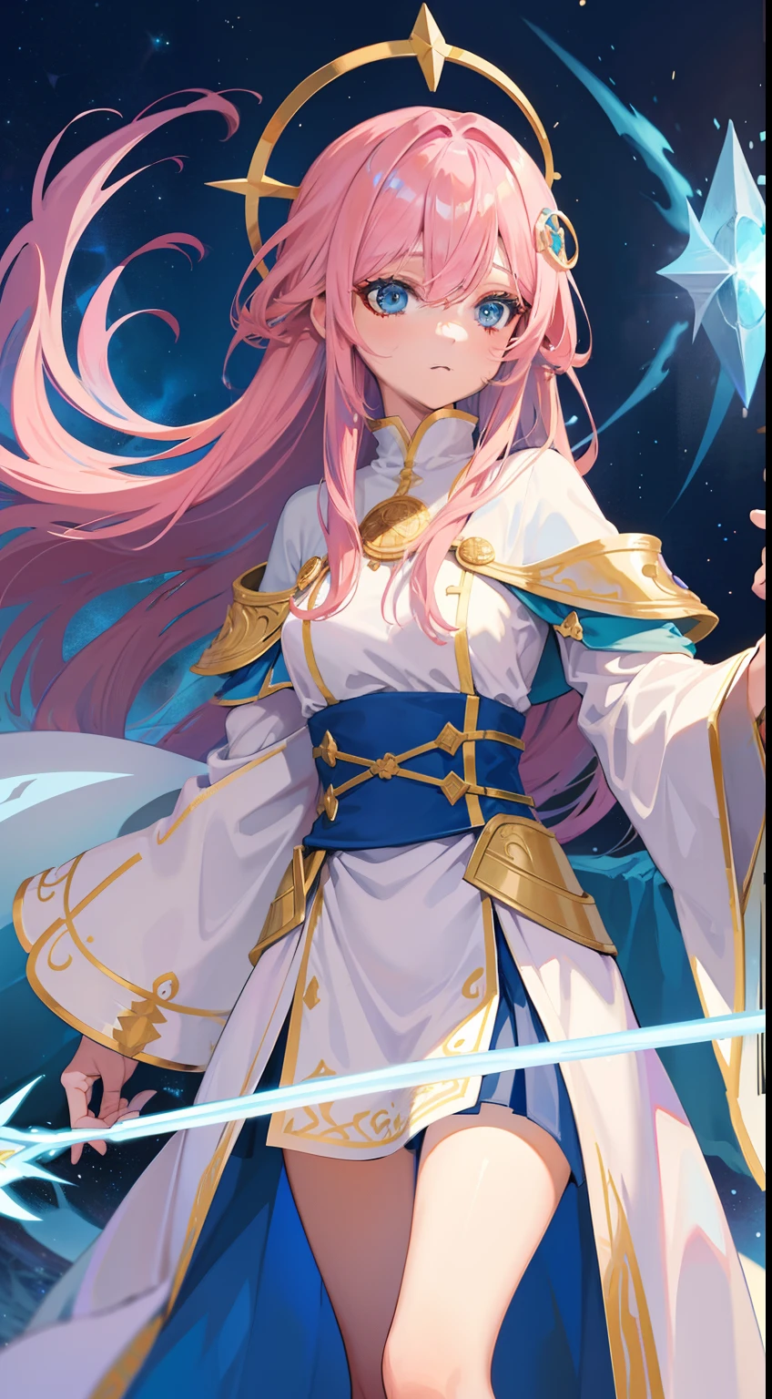 adult female, pink hair, waist length hair, blue eyes, white mage robe with blue elements, Magic Staffwith blue and gold elements, Magic book with blue and gold elements, Masterpiece, hiquality
