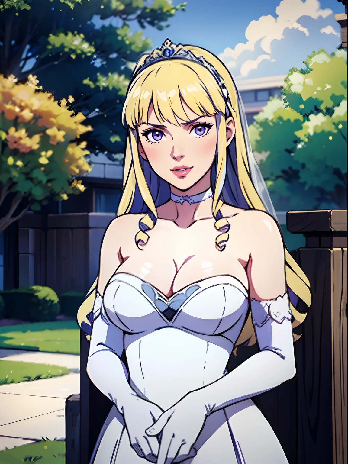 constance_timeskip, bangs, purple eyes, blonde hair, wearing makeup, lipstick, eye shadow, hair between eyes, ahoge, hair ornament, gloves, dress, cleavage, bare shoulders, collarbone, white oprea gloves, white gloves, white dress, strapless, white choker, tiara, veil, strapless dress, wedding dress, bridal veil, beautiful woman, perfect body, perfect breasts, wearing a wedding dress, ball gown, in the park trees, wedding decorations, looking at the viewer, in love smile, realism, masterpiece, textured skin, super detail, high detail, high quality, best quality, 1080p,