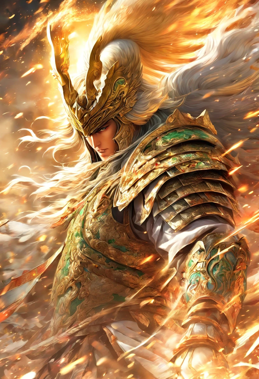 Ma chao,perfect face, A young general in white,Riding a white horse is charging,Holding a long gun in his hand,The war is raging,Warring states,The armor which is gorgeous with a silver pattern