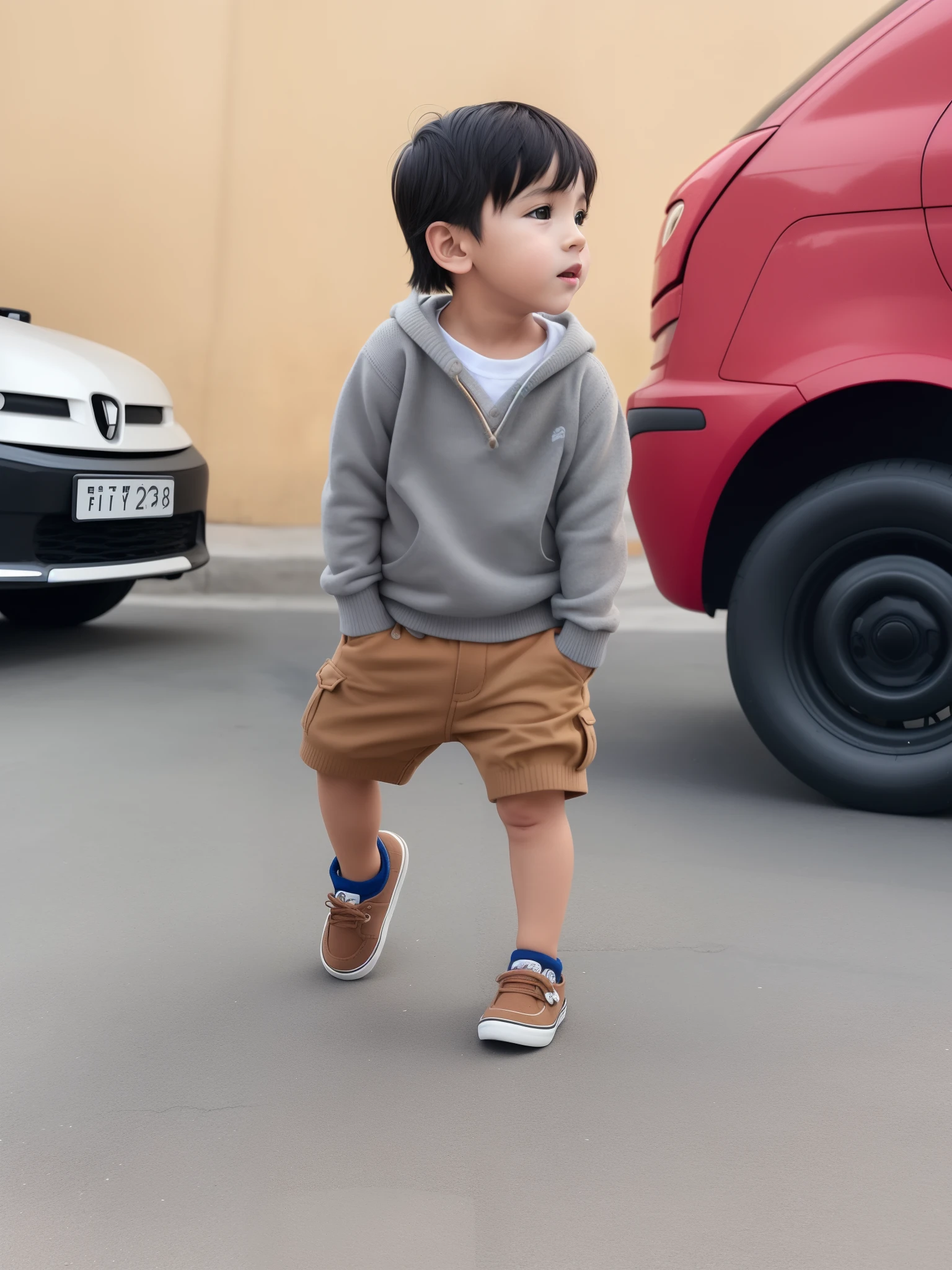 there is a young boy standing on a skateboard in the street, kid, 2 years old, full body picture, cute boy, casually dressed, 4yr old, little kid, four years old, young and cute, looking cute, wearing a fisher 🧥, he is wearing a brown sweater, cute style, full body photogenic shot, very cute and childlike