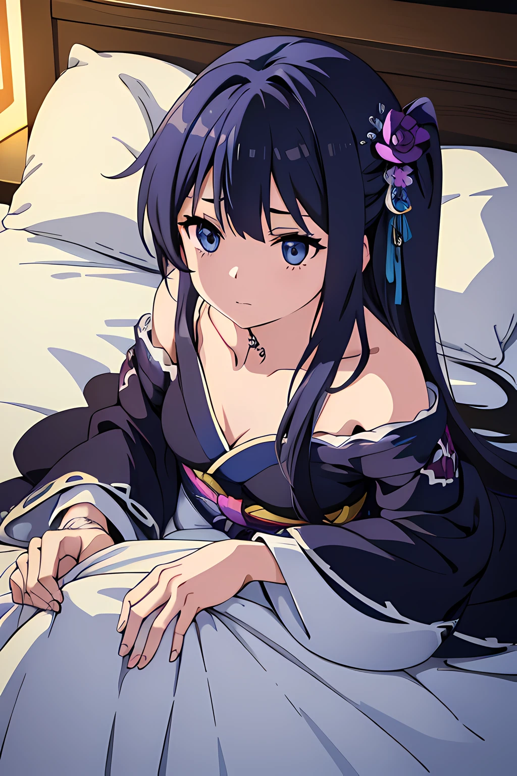 (1girl in),(beautiful eyes finely detailed, Face to detail, blue hair, long hair), wedding kimono dress, lying down her back in bed, and shy facial expression, looking at viewers, camera angle from front, full body, masterpiece sidelighting, masterpiece, top-quality, detailed, High resolution illustration