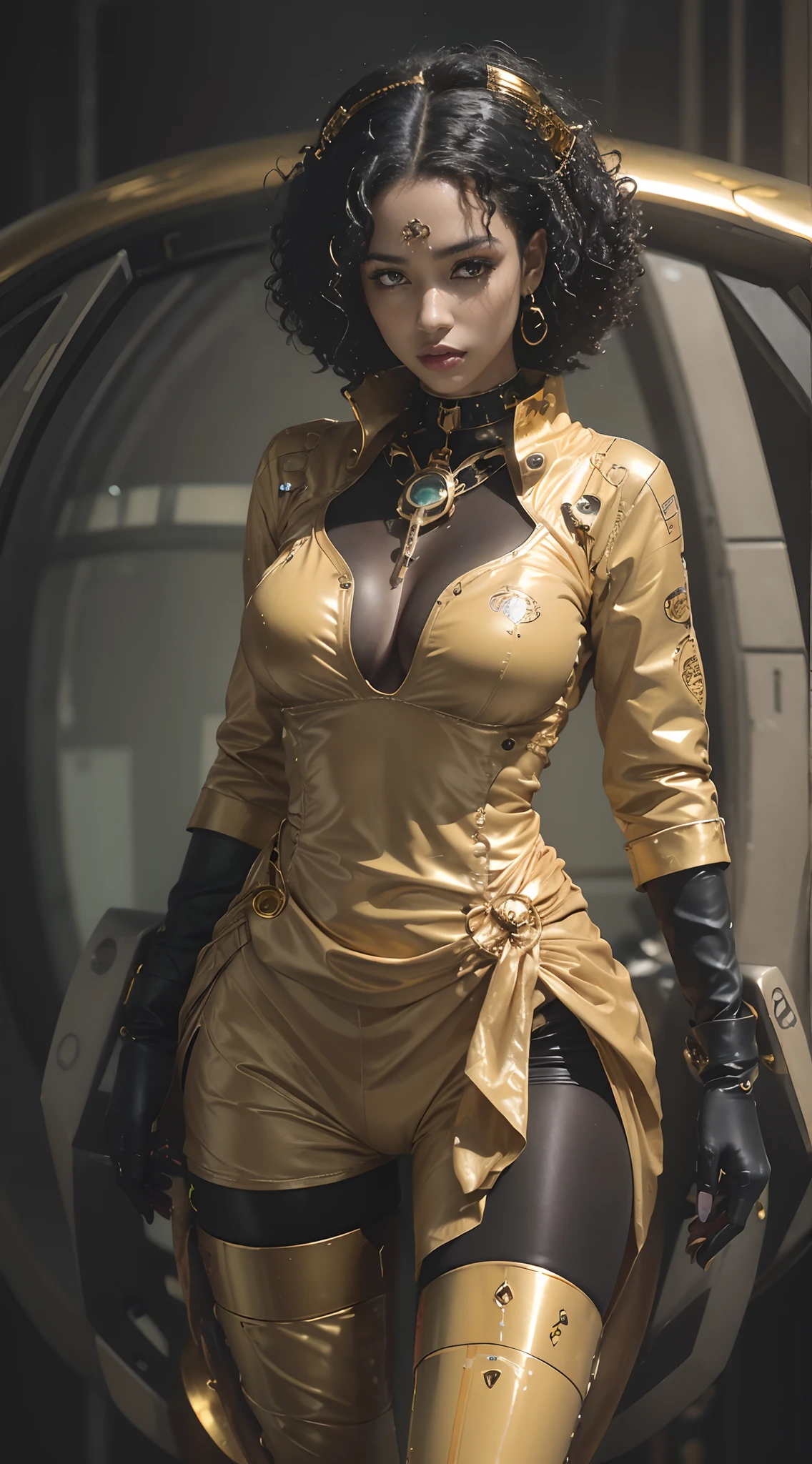Pilot Woman on the flying bike in the jungle. Woman naked only in gold body jewlry float in air on the ((flying bike)), ((flying on a board above the green wild jungle)) ((flying in the sky on the futuristic antigraviti bike)), She flying, flying bike, Highly Detailed Face and Skin Texture, big green eyes, juicy lips, bimbo lips, white skin, pale skin, fair complexion (afro curly Black hair), (pale skin), Detailed Eyes, Double Eyelids, afro curly black hair, gold metal cyberpunk tapes, metal Collar, metal gold futuristic ((vaginal piercing)), gold jewelry on wet body, wet skin. She is naked, puffy breast, gold substance on the naked breast, naked, White skin, she is on the futuristic cyberpunk flying disc drone in the jungle, futuristic cyberpunk pilot helmet on head. Piercing in the nose.