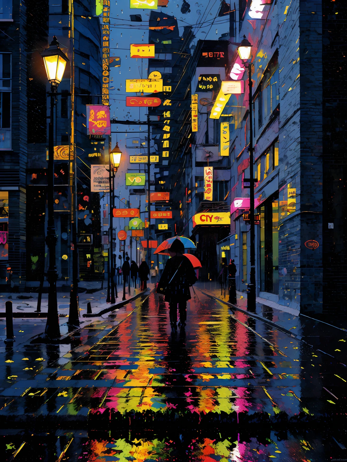 Painting of a person walking down a city street with an umbrella ...