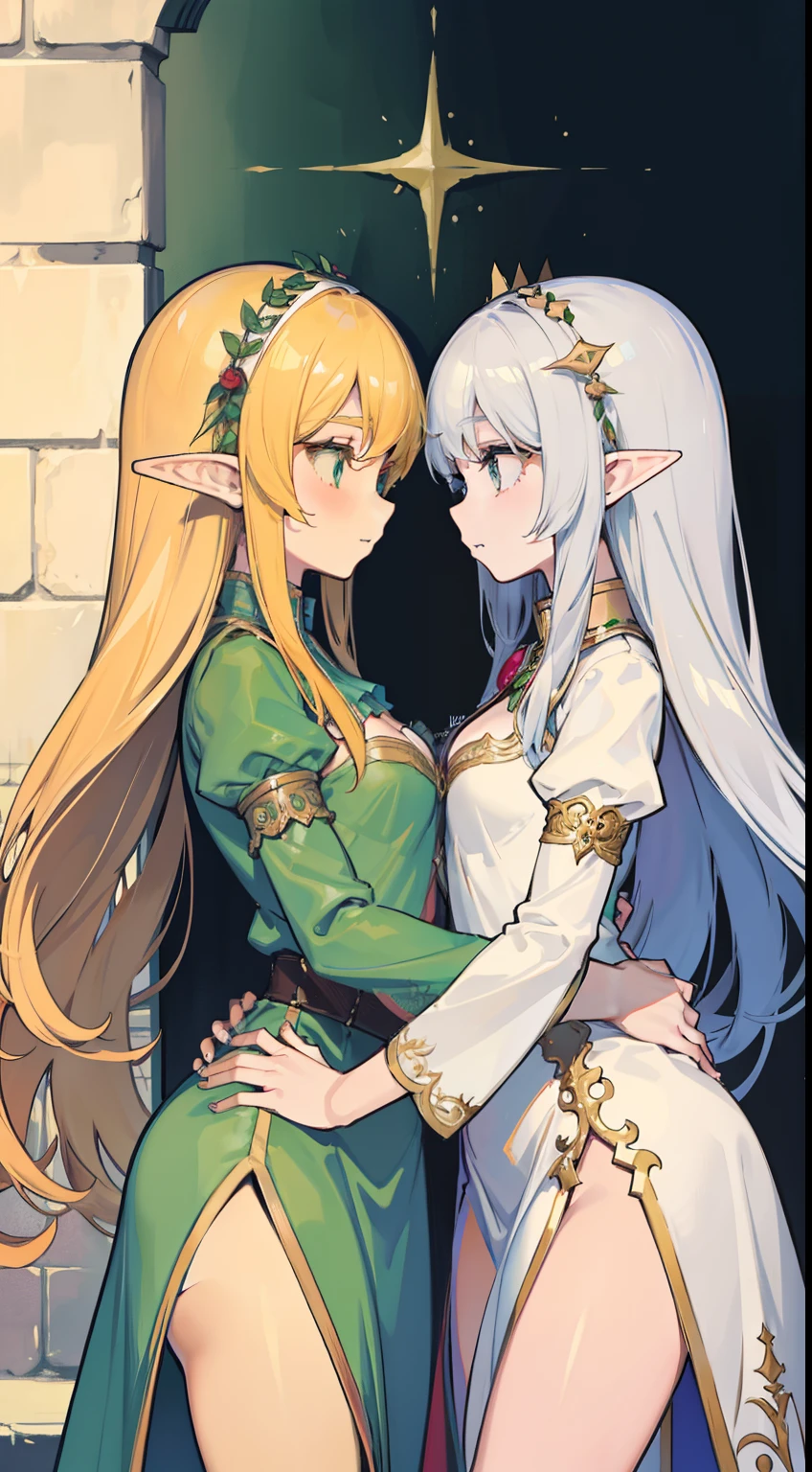 Two female elves,Equal stature,Hold each other,Look face to face