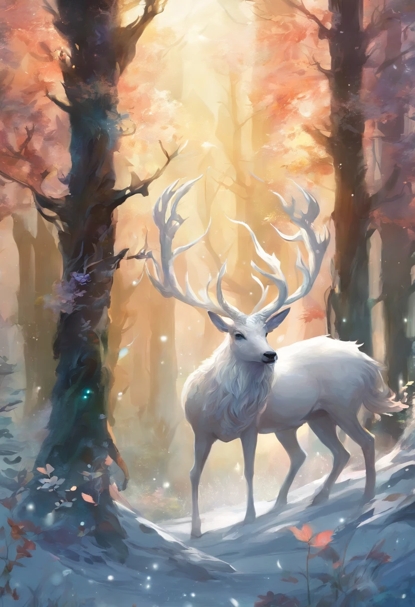 A white stag,Small horns are decorated against a stunning forest background,Decorated with large leaves and vines