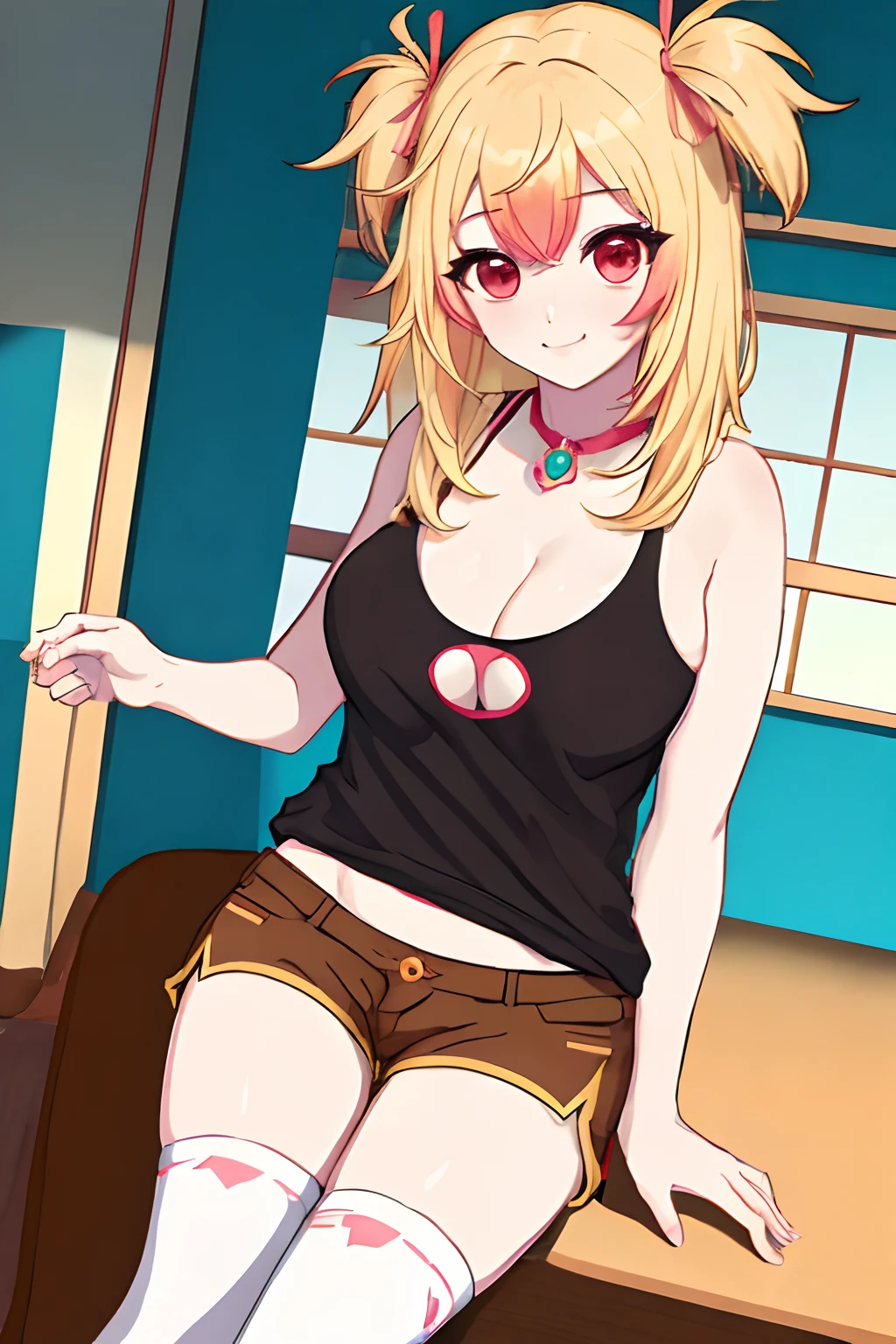 mio, 1girl, solo, breasts, blonde hair, multicolored hair, red eyes,large breasts, cleavage, shorts, long hair, thighhighs, brown shorts, camisole, shirt, smile, ribbon, indoors, bedroom, gaming_chair