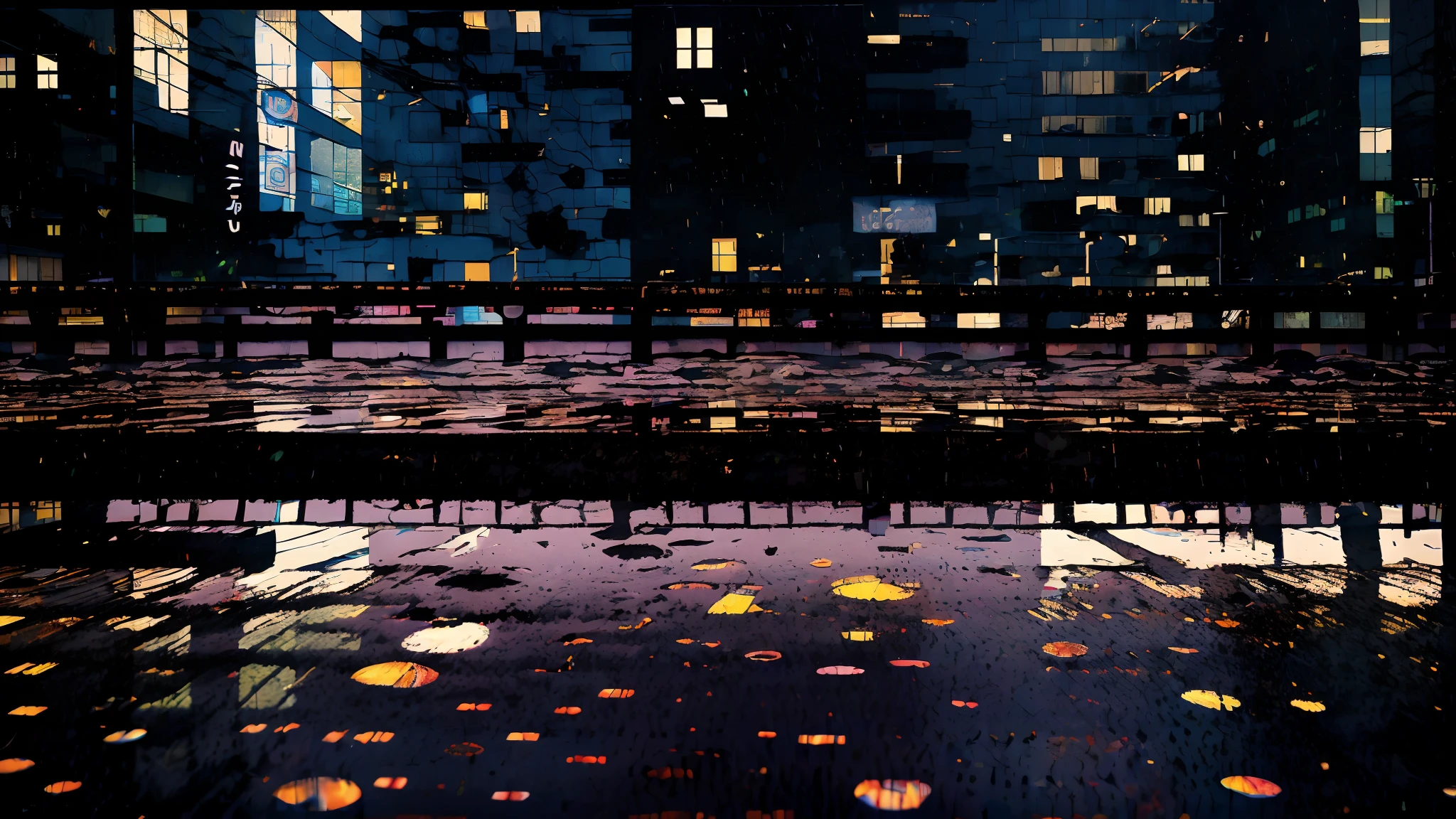 Hyperdetailed regenerative [glitch] art, (koan), matte, understated, (meditative: 1.2), (harmonic) impressionism, cerebral, (interconnected), labyrinth, (introspective), psyche, balanced and reciprocal, (Rainy Night) concept: 
("down the drain floats my dream
on wet avenues of uptown Soho
reflections from muddy puddles
of faded places where ghosts go")