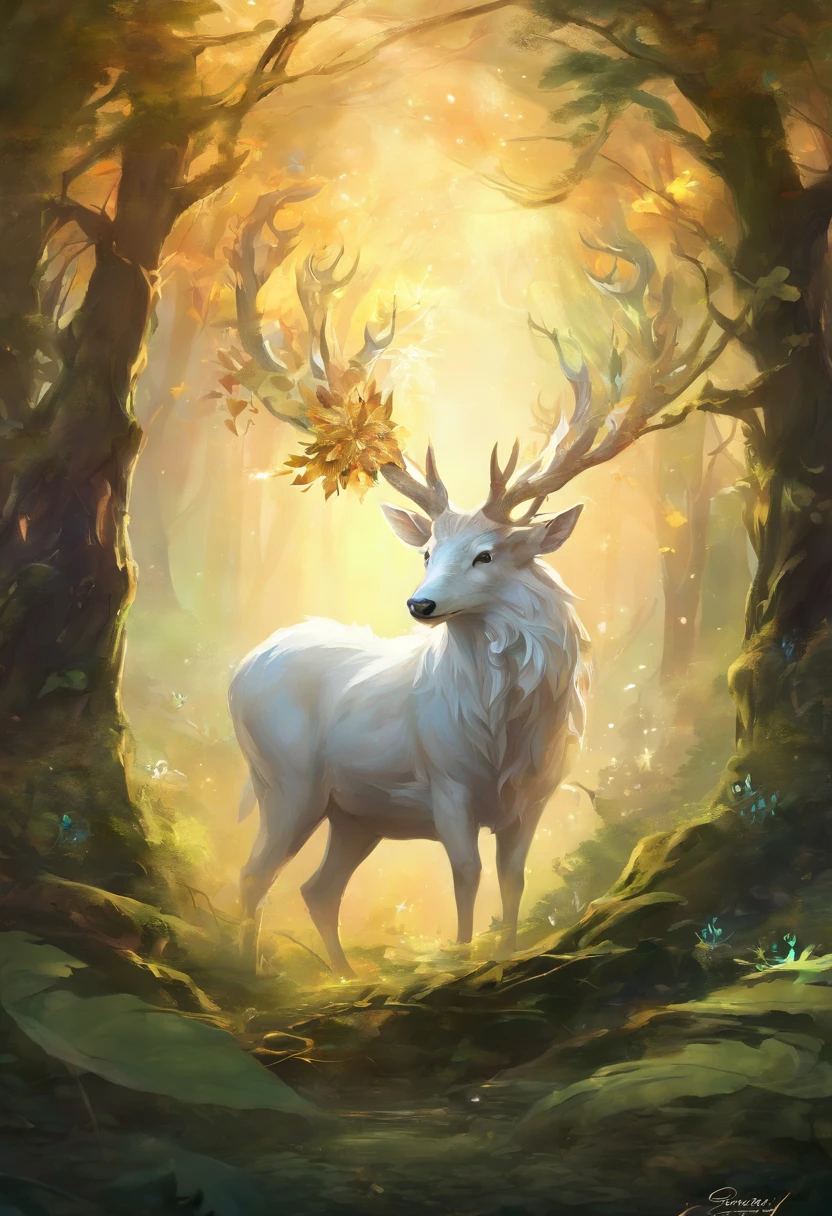 A white stag,Small horns are decorated against a stunning forest background,Decorated with large leaves and vines