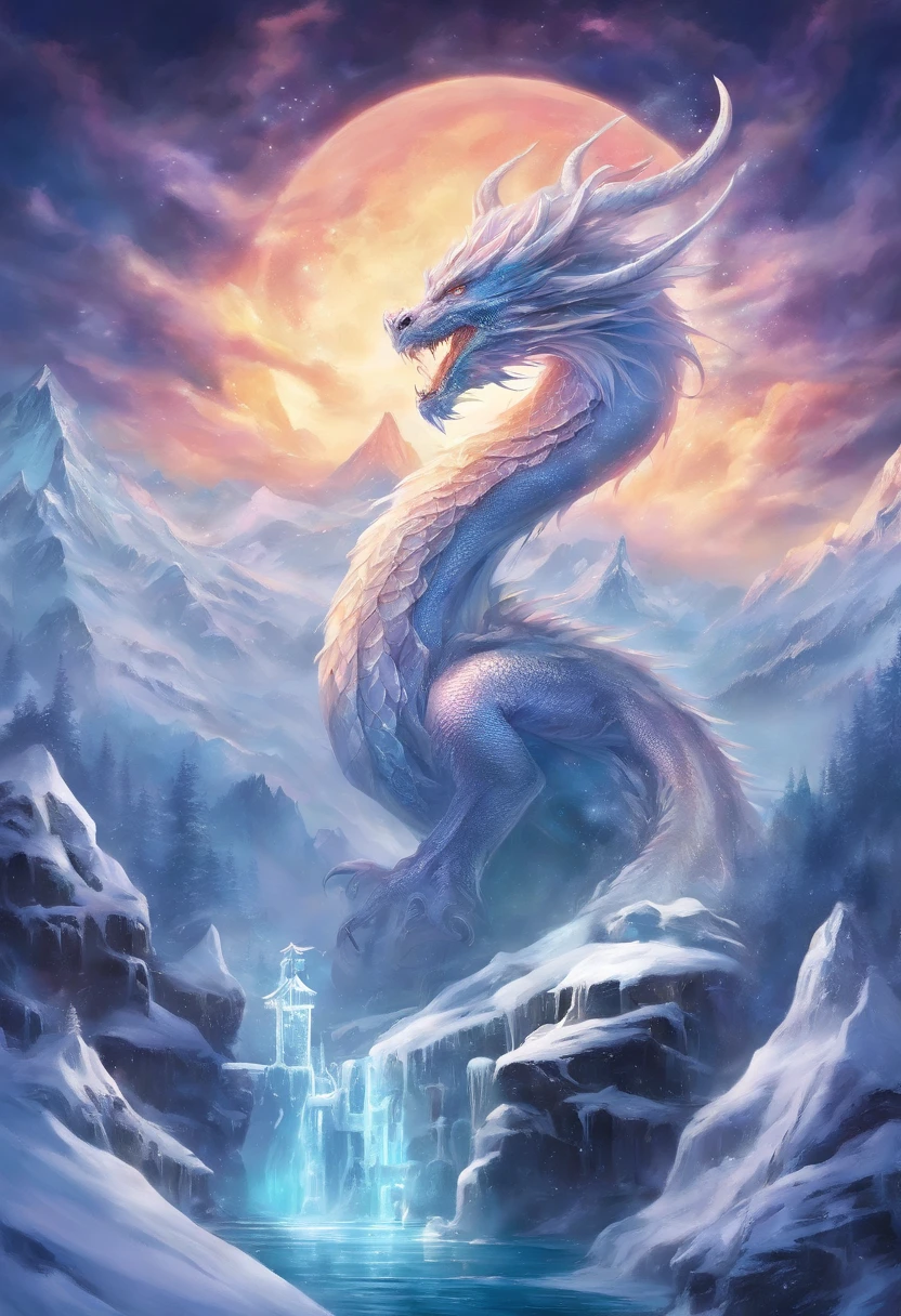 a mystical landscape, colorful flowers, ice castle, fog forest, river, fantasy, surreal, digital art, dragons around, octane render, volumetric lighting, highly detailed, intricate, cinematic, dramatic lighting, epic, breathtaking, masterpiece, award winning, photorealistic