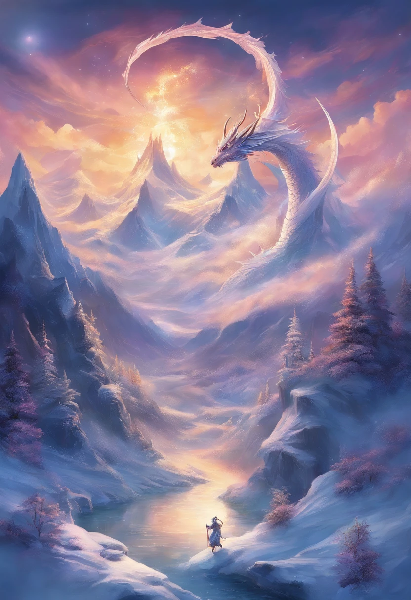 snow mountains, ice Dragon, The dragon's body is huge and boundless、Fill the sky、The cold light of the dragon's eye is terrifying,Do not dare to look directly