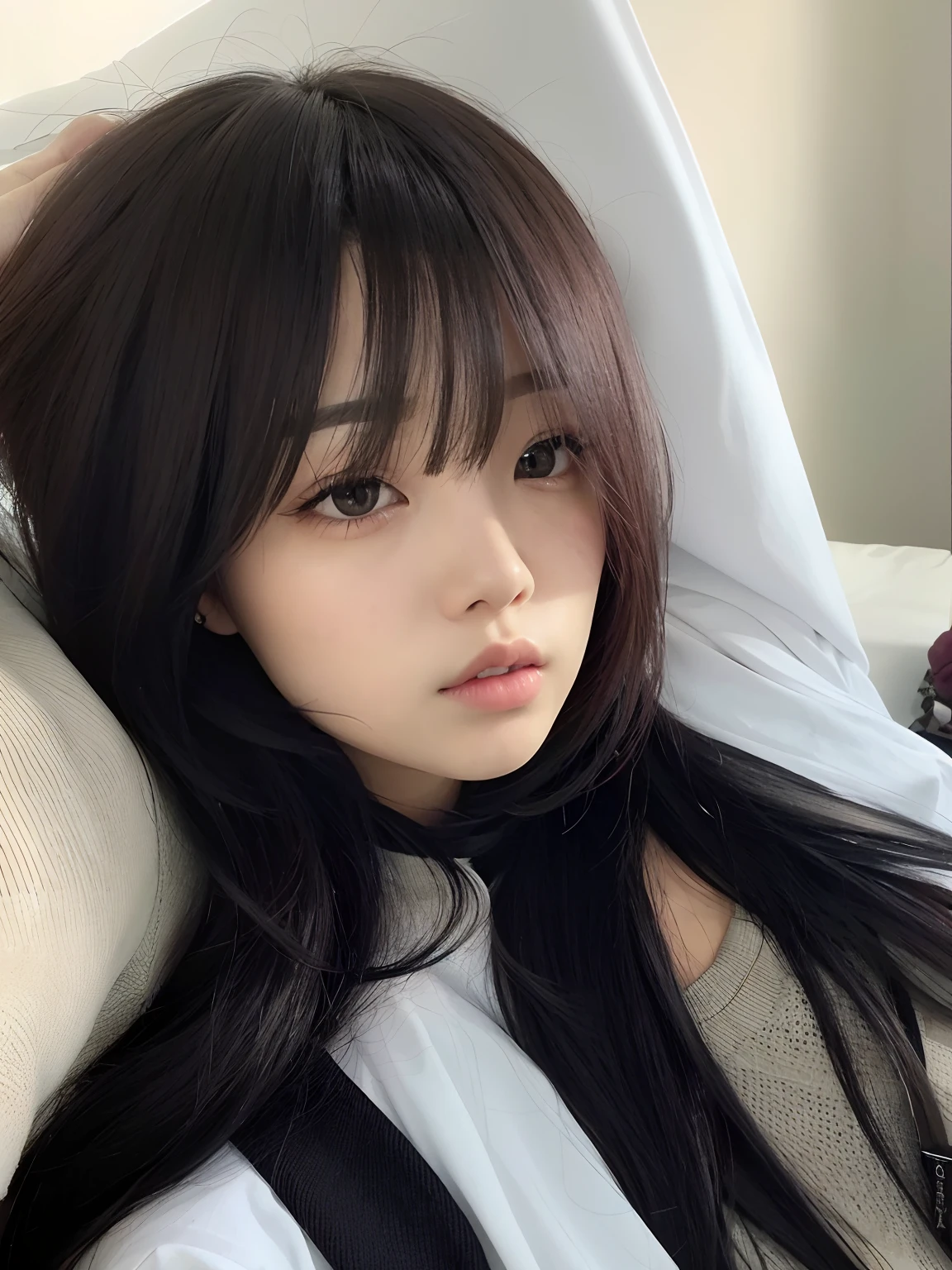 um close up de uma mulher com cabelos longos vestindo uma camisa branca, Ulzzang, Ela tem cabelo preto com franja, Lalisa Manobal, com franja, Jinyoung Canela, franja fofa,  coreana, cabelo comprido com franja completa, cabelos longos com franja, wan adorable korean face, Franja reta longa, young adorable korean face, com franja completa