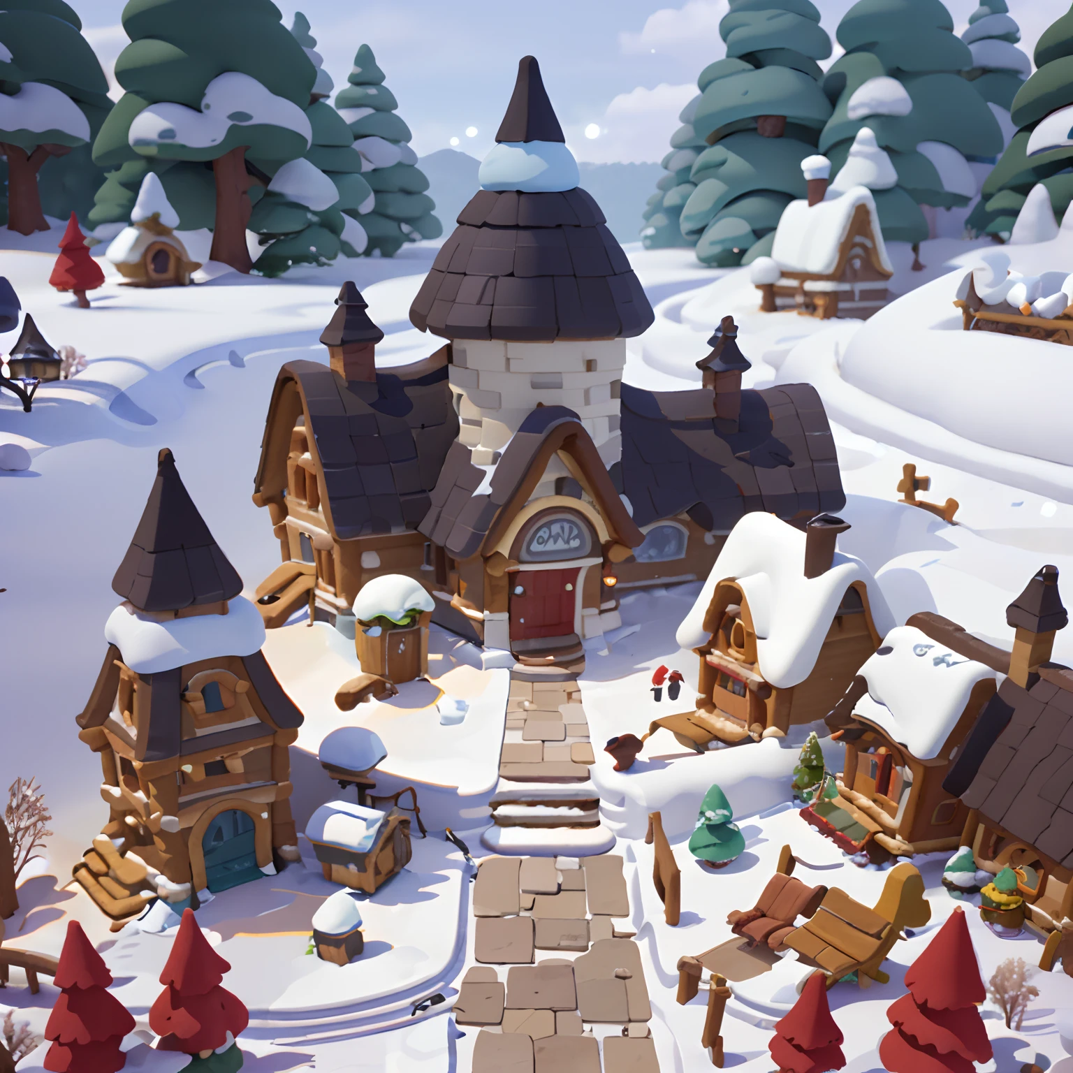 Game architectural design, Cartoony,Adventure Lodge，Winter adventure lodge，tilt shift lens，snow landscape，Winter scene，Plants match the building，casual game style, Botanical architecture,Cartoon 3D, blender，Three shades and two understated，closeup cleavage，tmasterpiece，super detailing，best qualtiy