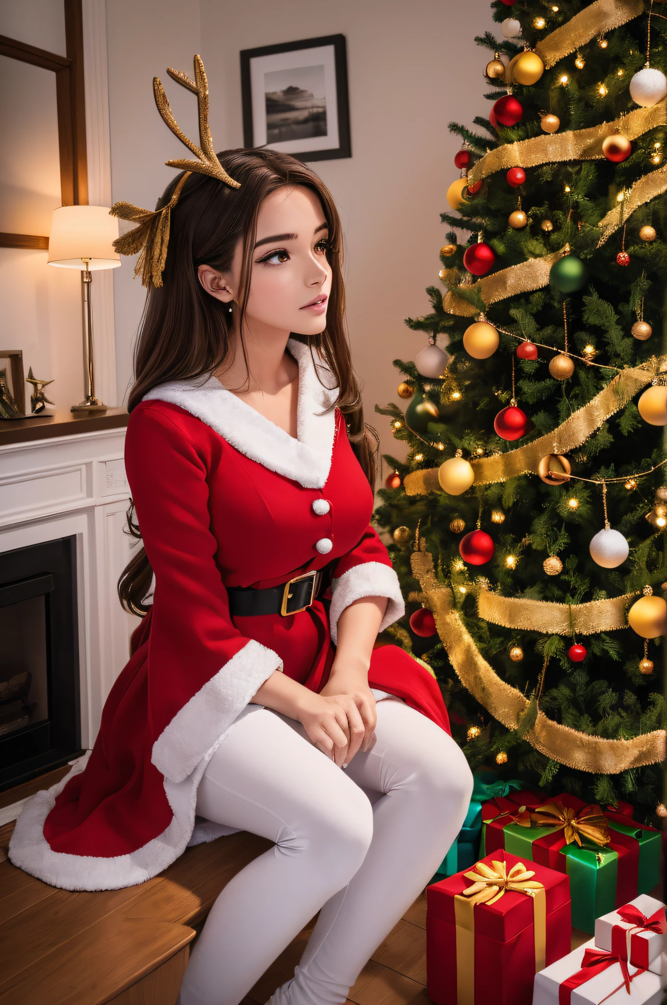 ( qualidade 8k ), ( melhor qualidade ), ( Ultra HD | ), ( Anatomia do personagem perfeita ), ( perfect lighting ), ( Foto corpo inteiro 8k ), ( Detalhamentos perfeitos ), ( Detalhes do personagem perfeitos ), ( Details of the perfect setting ), ( obra prima ), ( Simetria do rosto do personagem perfeito ), ( Construction of the body of the delicate female character ), Sra. Claus decorating his Christmas tree, Putting Gifts on the Christmas Tree, usando lindo traje moderno natalino, (traje vermelho), vestimenta natalina com capa vermelha, (fluttering cover), Reindeer soaring through the skies, Classic Christmas Scenery, Rua de Nova Iorque