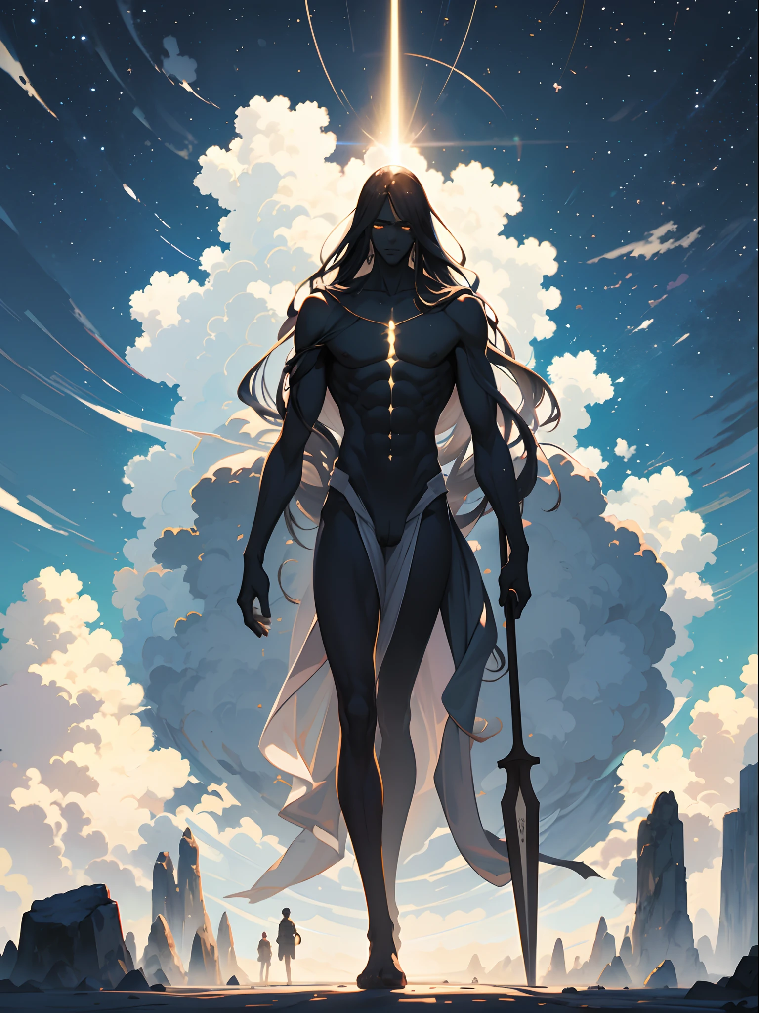 （（（（Tall humans）））），The left hand is flat on the sky，In his right hand he holds a stone axe，standing on your feet，Shady space，black hole，black cloud，Huge strong naked man，Sun beam，A giant in the clouds，Clouds obscure private areas，absurderes，exaggeration