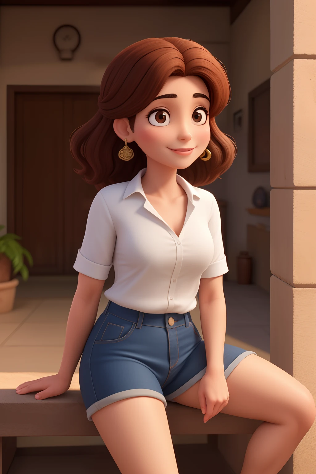 Uma mulher de 30 anos, arquiteta, with medium hair, castanho escuro, Rosto redondo, sorriso encantador, e olhos castanhos e levemente puxados, pele morena, de camisa e trabalhando.