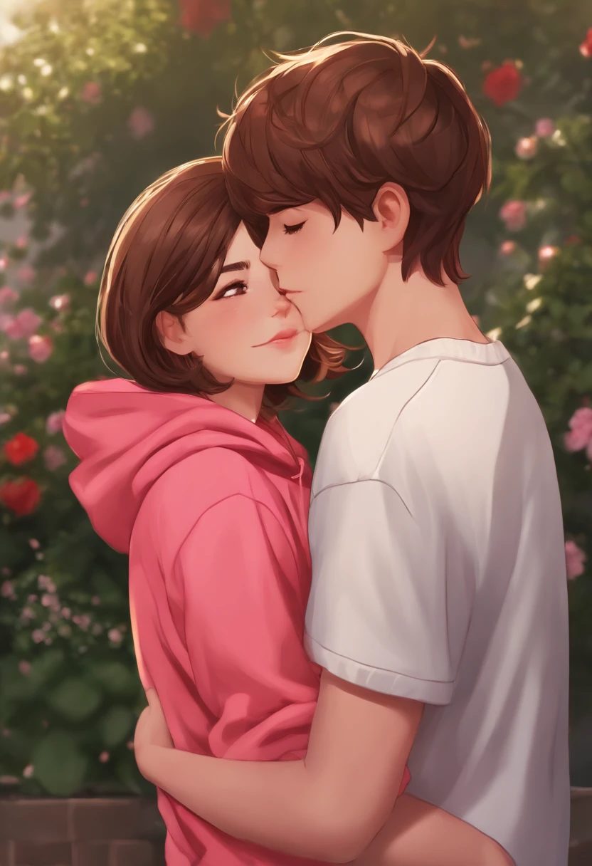 1 Girl, , Brown short hair, Brown eyes, Big ass, pink sweatshirt, kissing a 1 boy, 13 years old, Brown eyes, red sweatshirt