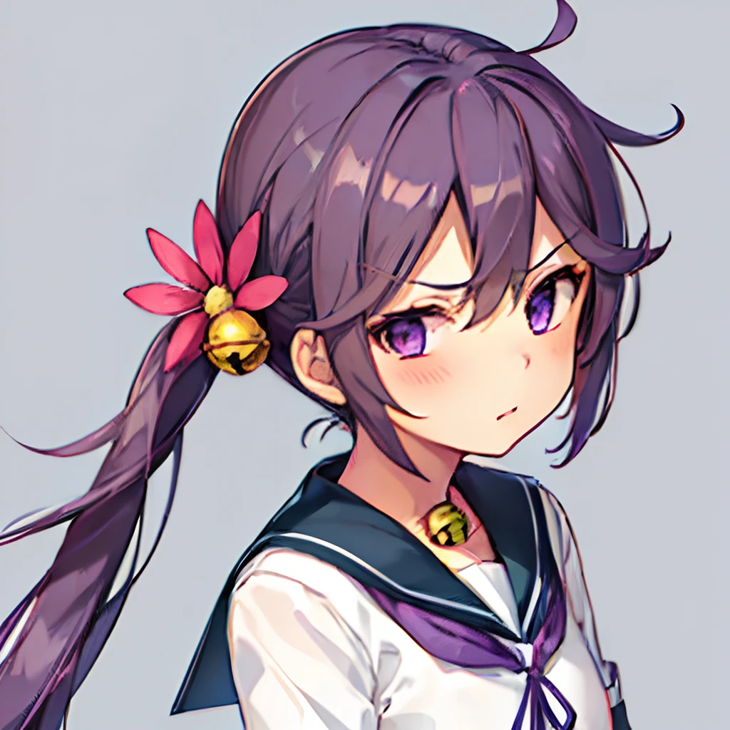 best quality, masterpiece, highres, solo, {akebono_kantaicollection:1.15}, purple_hair, long_hair, hair_ornament, side_ponytail, purple_eyes, flower, hair_flower, hair_bell, bell, jingle_bell, serafuku, blush, very_long_hair, 1girl, looking_at_viewer, school_uniform, upper_body, hair_between_eyes, simple_background, sailor_collar, white_background