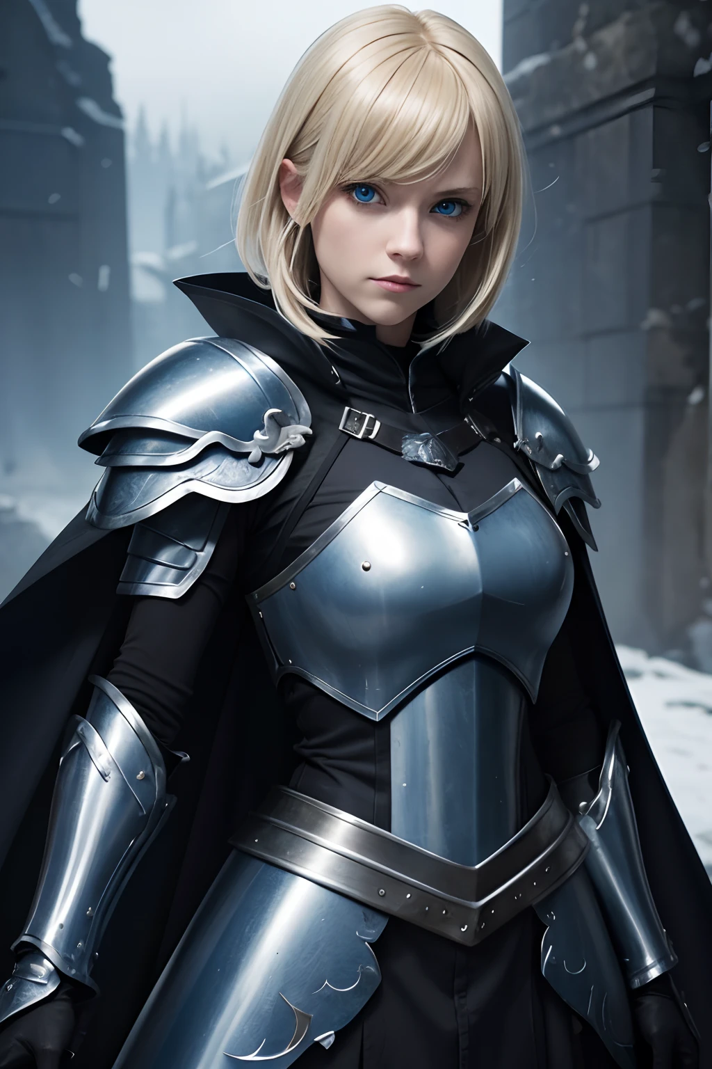 masutepiece, Best Quality, 1man, Adult, female focus, Solo, medium blonde hair, bright blue eyes, gloves, Looking at Viewer, Cape, High quality metal texture, Semi-metal armor, Closed mouth, Black Metallic Gloves, Upper body, Bangs,,(nffsw:0.6), Fantasy aesthetics, Highly detailed