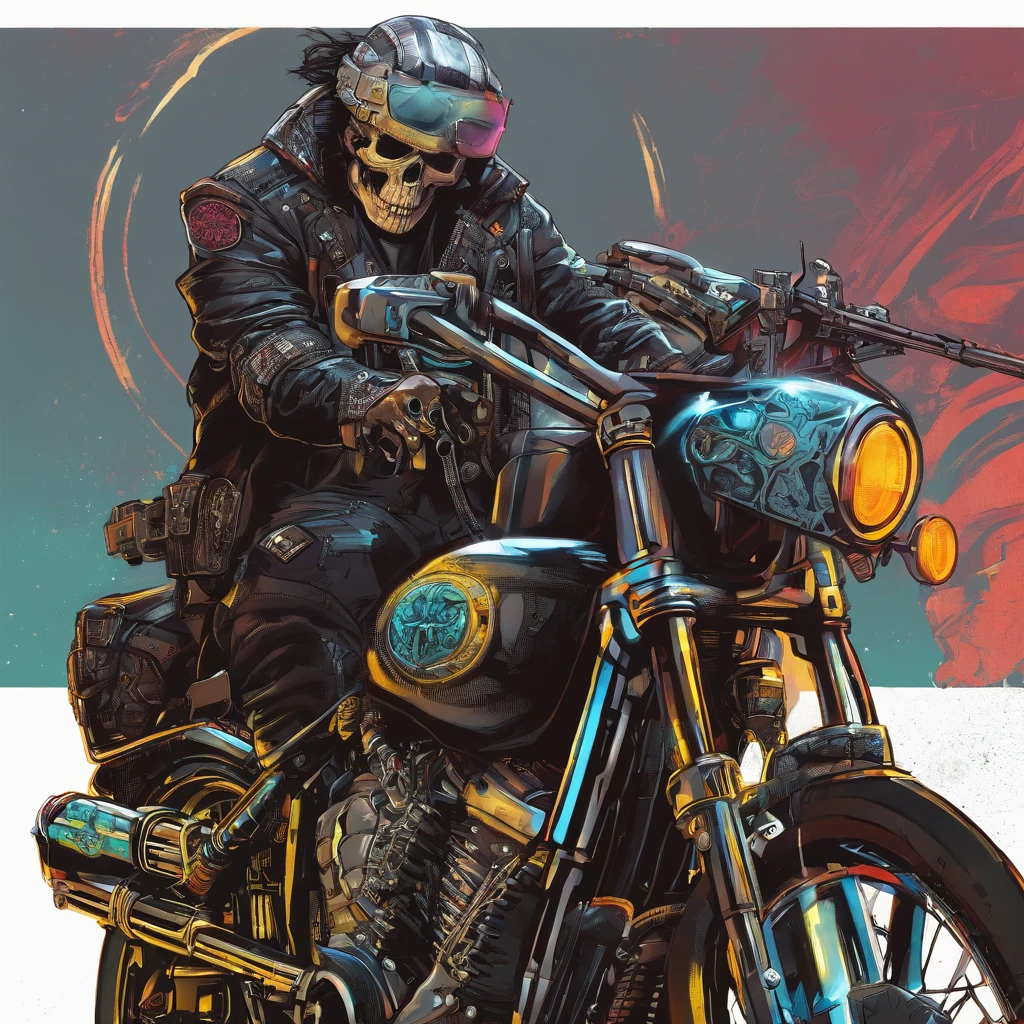 1 highly reflective chrome skull head member of the male cyberpunk motorcycle gang with LED illuminated cybernetic prosthetic arms housing retractable hidden weapons and bright white eyes, All black leather and motorcycle vest with skull motorcycle patch emblem embroidered in relief on the back, ( folha de caracteres, testa, back, lado, traseira), Full Shot Full Body Portrait Character Design Schematic Shot, highly reflective chrome skull cyberpunk head motorcycle gang member with bright white eyes with detailed illuminated cybernetic arms illuminated visually illuminated holster gadgets wearing all black leather and motorcycle vest with embroidered skull motorcycle patch engraved on the back. insanely detailed matte paint with rough strokes and textures, Stephen Gammell, Daheny Pinho, Jeremy Mann, Alex Maleev, carne_Griffiths, 16k resolution, oil on the canvas, Belas Artes, luz super eficiente, foco nítido, Grain, Approaching perfection, a million details, max quality. (master part: 1.2), (best quality: 1.3).