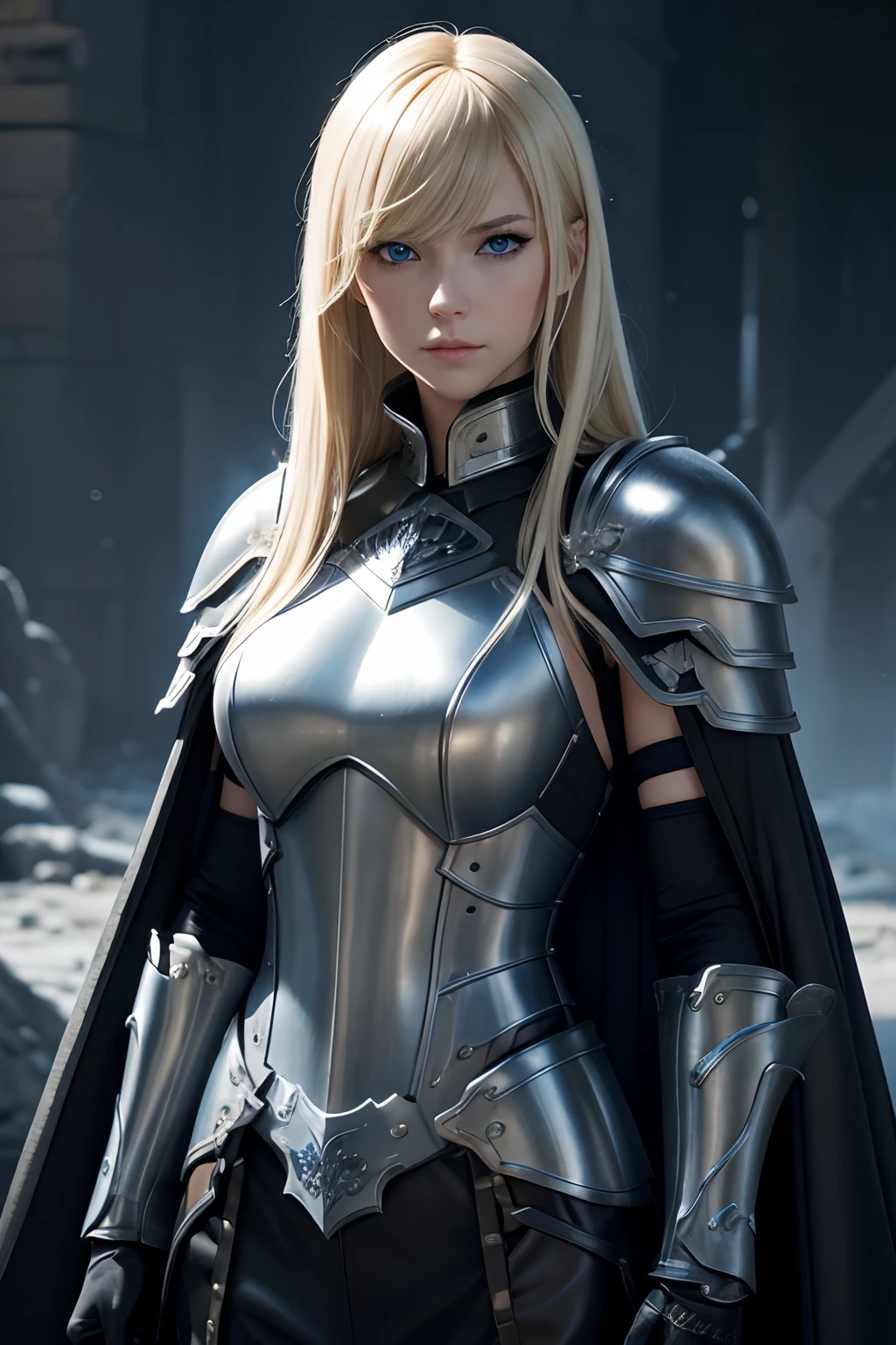 Beautiful Face Woman、a blond、a miniskirt、Silver background、 Beautuful Women、18year old、prety woman、hyper realistic photography、High-definition photos、red lipsticks、Mandalorian Style Metal Armor Skirt Suit、big eye、The skin is not very exposed、Do not cut your head off the screen、Skirt without slit