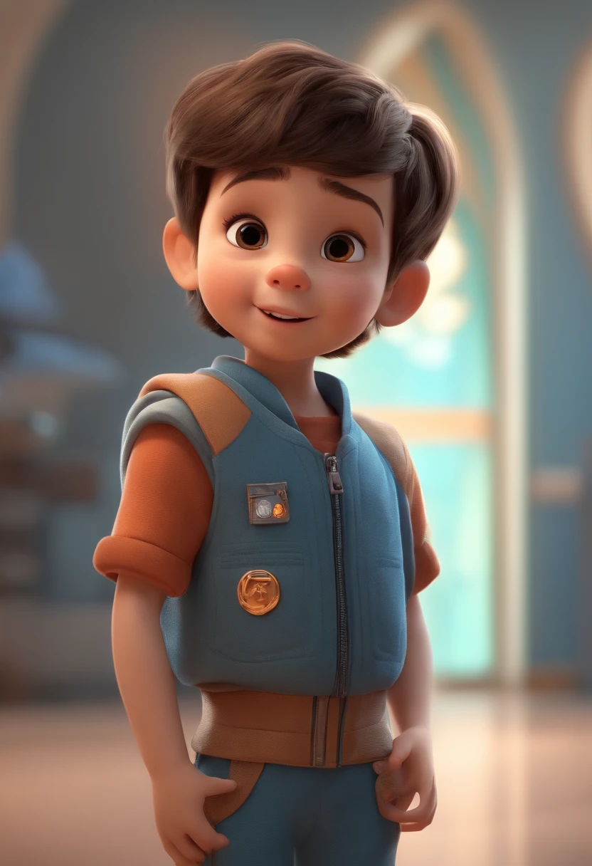 a happy cute standing short hair, vestindo uma fantasia espacial, , fundo branco, barnet, toon, estilo pixar, 3d, desenhos animados, rosto detalhado, asymmetrical 16k