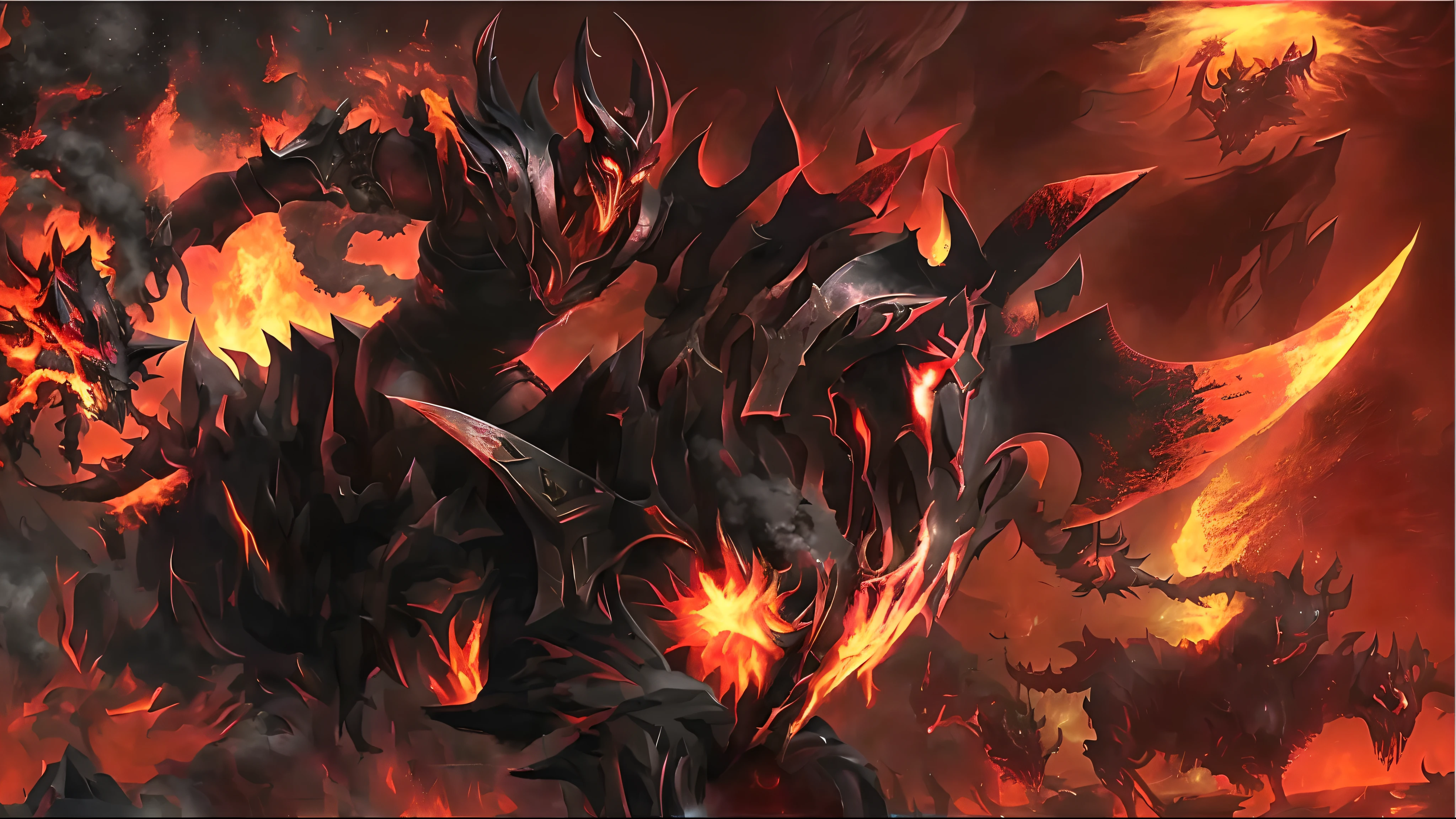 A close-up of the Hellrider with a background of fire, ruler of inferno, flame conjuring armored, deathwing, lord of cinder, wrath flame and ruin, black fire color reflected armor, Dota 2 concept art, fire demon, demonic dragon inspired armor, alduin,  league of legends wallpapers, League of Legends concept art