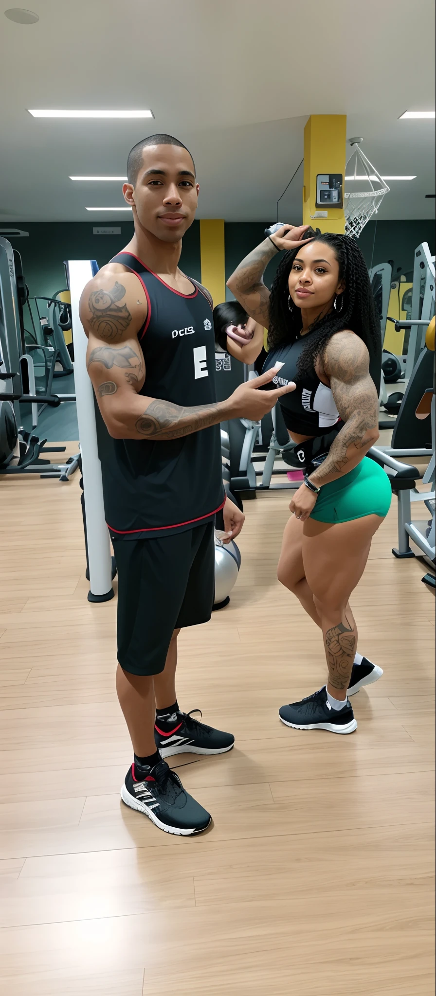 There's a man and a woman in a gym, IFBB Corpo Fitness, foto fit, Parece Fabiula Nascimento, Usando tatuagens shipibo, corpo inteiro!!!, com ela longa, photo from behind, Tyler Edlin e Natasha Tan, em uma academia, Scandy e Arender, corpo inteiro;, 2 arms and 2 legs!