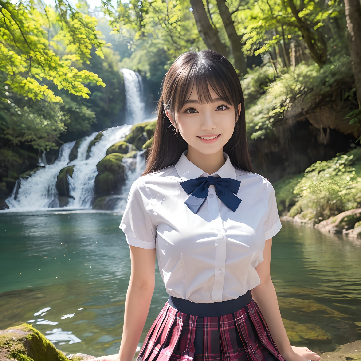 (1 girl,The cutest face,The biggest smile staring at the camera,Shot from up close,Shot from the waist up,A detailed face,japanese hight school uniform,Perfect face,Perfect makeup,A slender,Breasts are big,In a fantastic and beautiful forest)),((White shirt and ribbon,Plaid pleated skirt,japanese hight school uniform,The cutest uniforms,Sacred Forest Trees々Sunlight shining in from between,Perfect fingers,perfect arms,Graceful and beautiful,beautiful waterfall,large waterfall,Beautiful river,Mysterious fountain,Crystal clear spring water,Crystal clear water,beautiful water,夏天,Cool feeling,cold,falls, Springs and rivers)),((Forest of Illusions,细致背景,top-quality,The ultra -The high-definition,Perfect Anatomy,high-definition RAW color photography,professional photograpy, extremely delicate and beautiful, Extremely detailed,finely detail, Huge file size,Top image quality,8K,Photos taken with a single-lens reflex camera,Award-Winning Works,masutepiece))