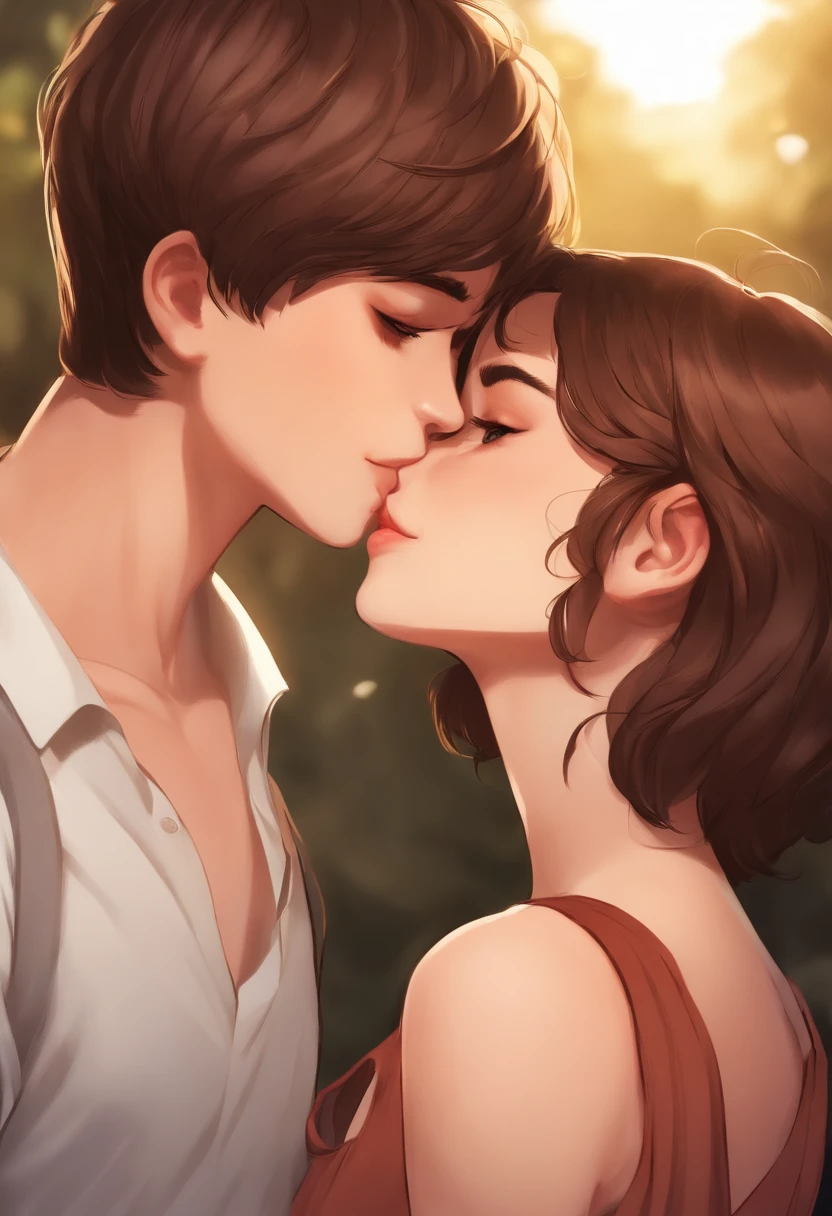 1 Girl, 13 years old, Brown short hair, Brown eyes, Big ass, kissing in lips a 1 boy, 13 years old, Brown hair, Brown eyes