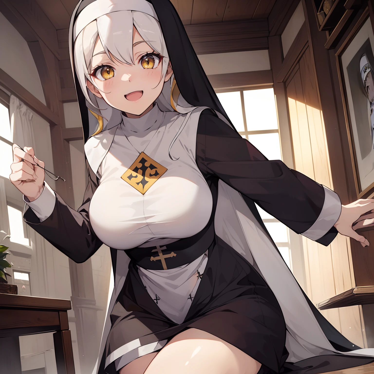 (masutepiece,Best Quality,8K),(extremely detailed CG1.1),1 girl,A smile,large boob,livingroom,(From below:1.2),Summer light,Intricate details , Hyper realistic, Perfect Anatomy,white  hair,Yellow eyes,Twin-tailed,hair slicked back,(((nun))),kindly smile,Open mouth,yandere