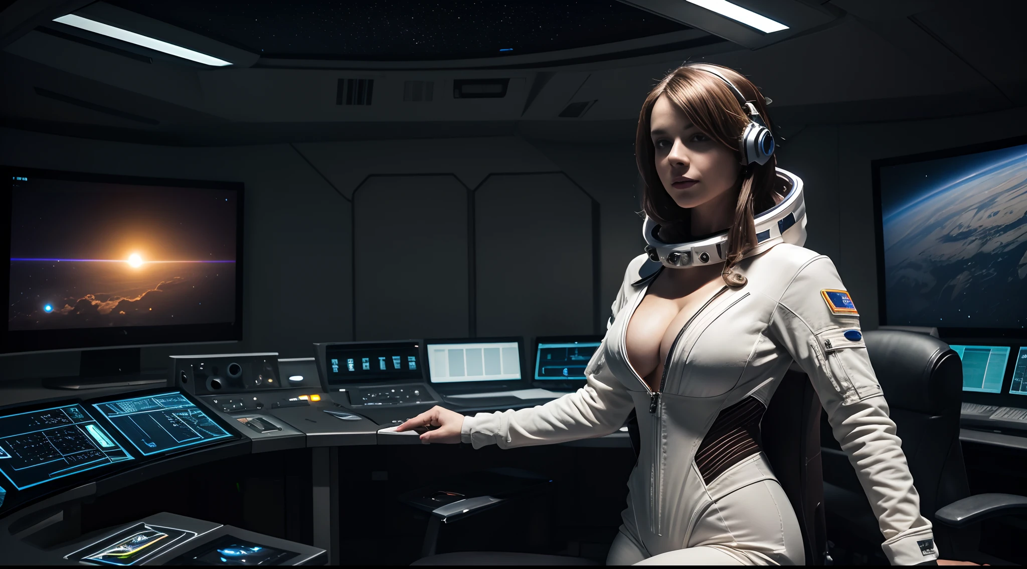 (masterpiece), 1person, beautiful white female, wearing sexy spacesuit, cleavage, small spacecraft control room, computers, vivid colors,