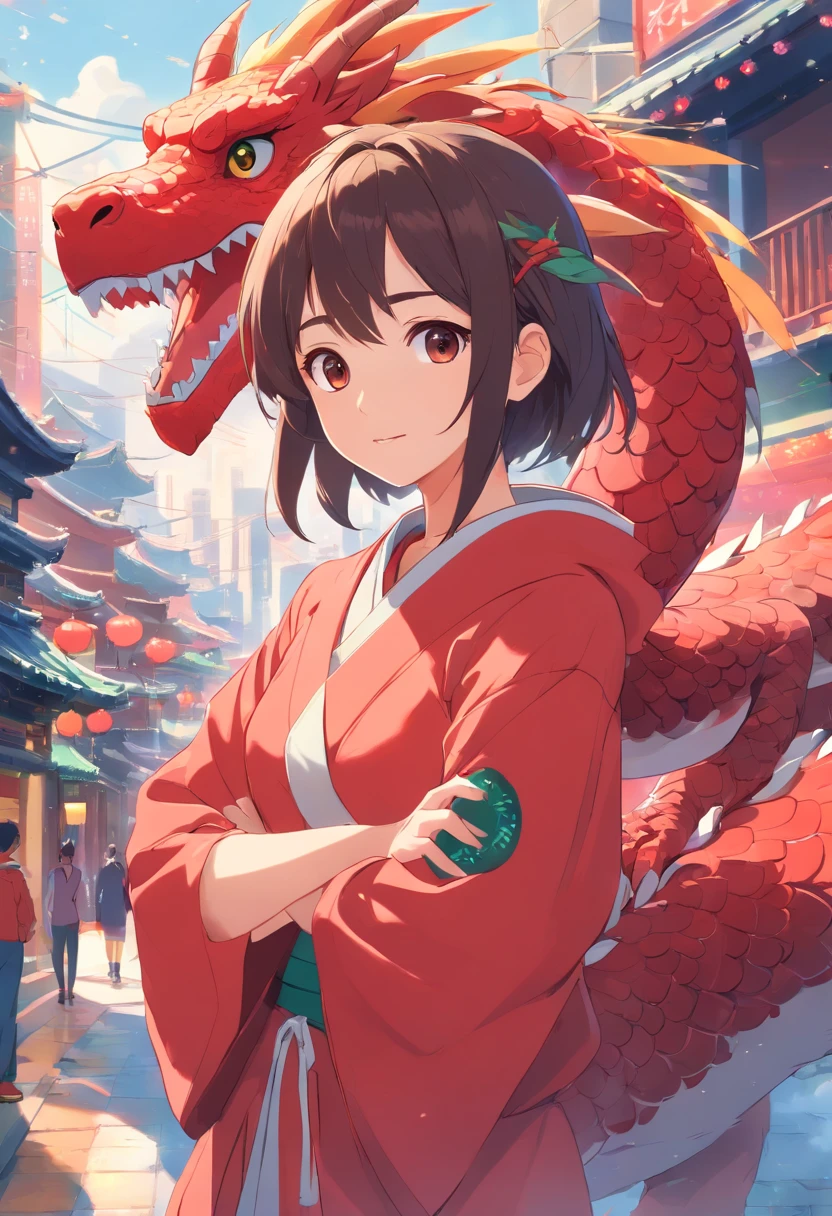 highly details, hyper-detailing,8k， 超高分辨率 ，illustration，Cute stuffed dragon，Colorful cartoon characters，Cute dragons，Festive background，Colorful cartoon characters，Chinese red costume，Light，Red vibe
