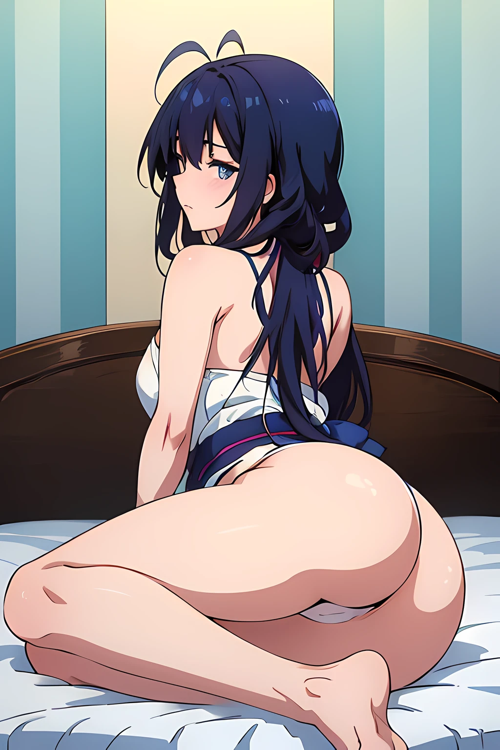 (1girl in),(beautiful eyes finely detailed, Face to detail, blue hair, long hair), kimono wedding dress, facing away from the camera, backside, lying on bed with doggy style sex position, her butt covered with blanket, bedroom, camera angle from behind, full body, masterpiece sidelighting, ​masterpiece, top-quality, detailed, High resolution illustration