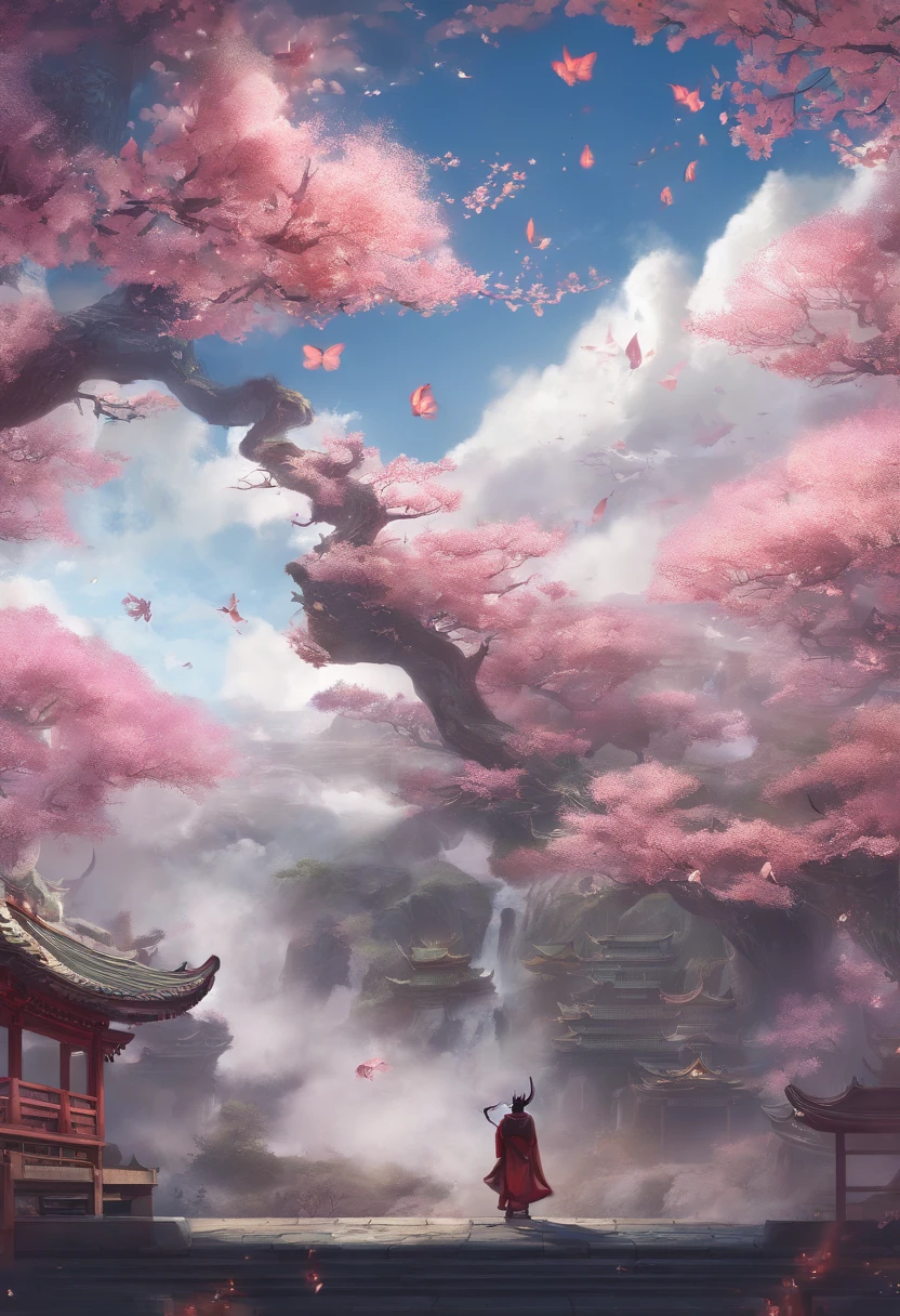 China style，Chinese mythology，Unicorn，faucet，Large antlers，White dragon scales，Four-limbed horseshoe，has horns on its head，tosen，Ferocious，immensity，The eyes glow blue light，field，Huge butterflies，Surrounded by clouds，中景 the scene is，Full body like， highly detailed surreal vfx，oc rendered， - AR 16:9 --q 2 --s 1000,Unicorn（Big faucet，Large antlers，Dragon's tail），tosen，Huge peach blossoms，China style，oc rendered，super-fine，Hyper-realistic，Ultra photo realsisim，high qulity，8K high resolution，ultra - detailed