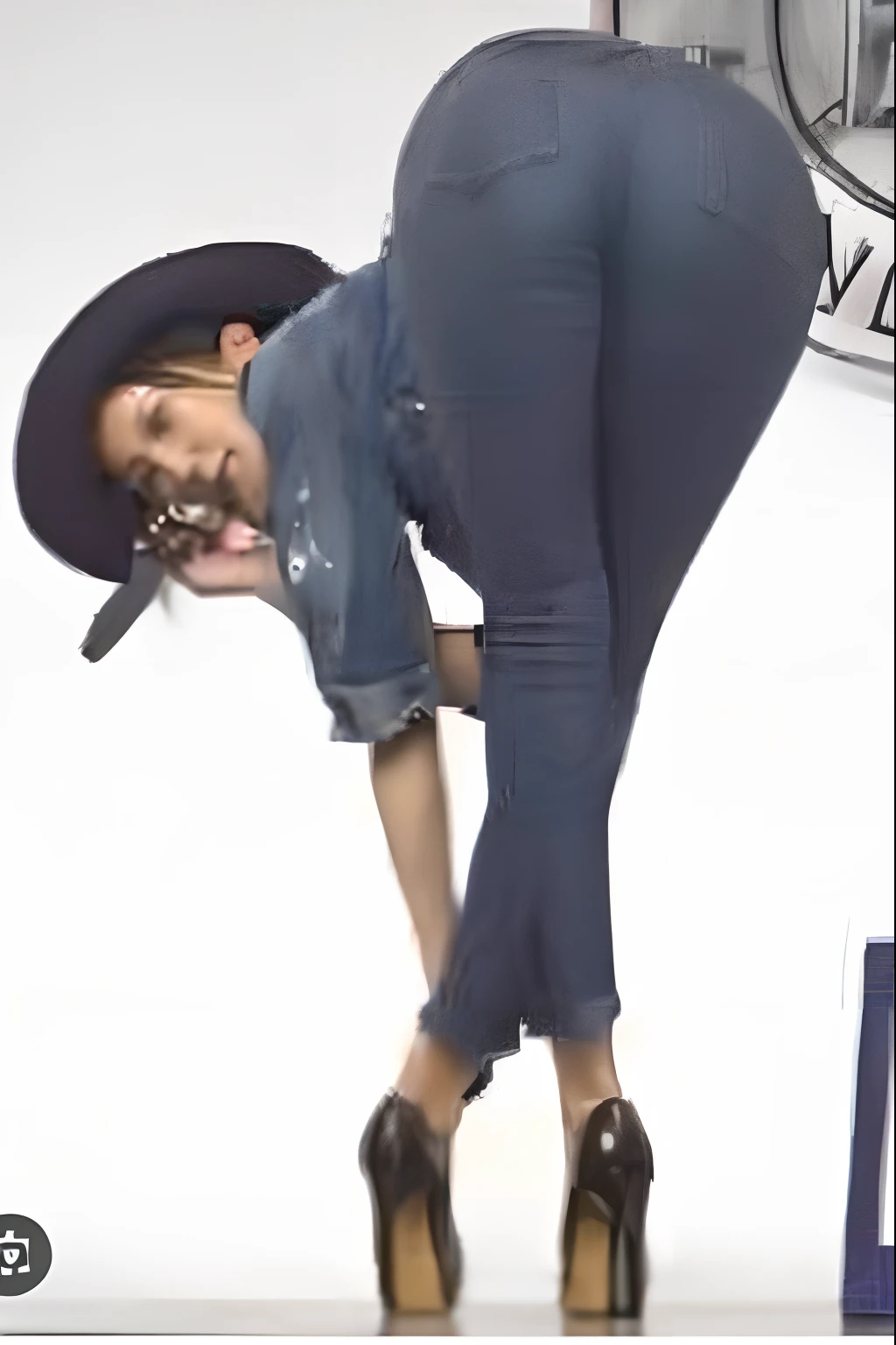 Araphedo woman in high heels and hat, Ashtelos, black extremely tight jeans, Cardi B, tight denim jeans, skinny waist and thick hips, Blue jeans, Bending over, shapely derriere, jeans, advertisement picture, bottom viewa, Cheeky!!!, model poses, long shot from back, Wearing jeans, lower back