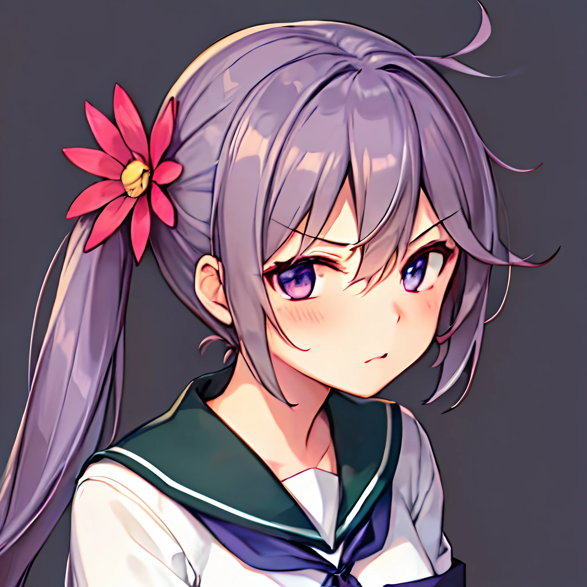 best quality, masterpiece, highres, solo, {akebono_kantaicollection:1.15}, purple_hair, long_hair, hair_ornament, side_ponytail, purple_eyes, flower, hair_flower, hair_bell, bell, jingle_bell, serafuku, blush, very_long_hair, 1girl, looking_at_viewer, school_uniform, upper_body, hair_between_eyes, simple_background, sailor_collar, white_background