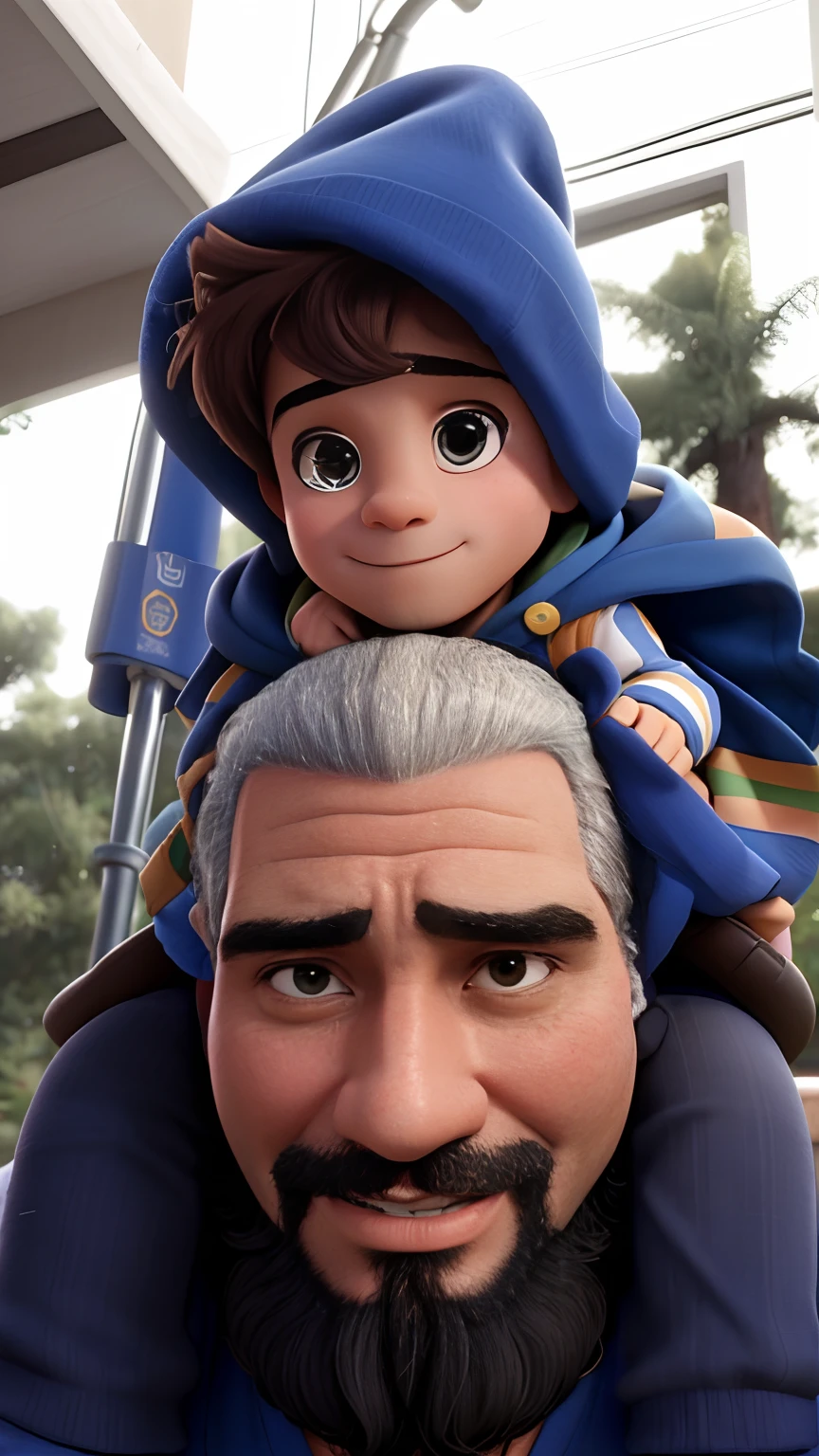 Homem careca de 40 anos, de barba cheia, with a 3-year-old boy in a cap resting on his head