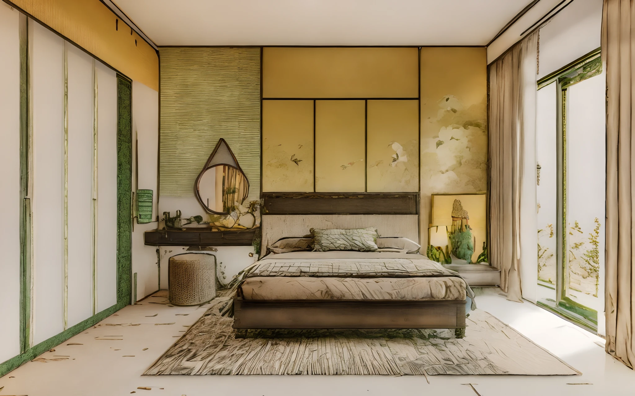 RAW photo, 8k, masterpiece, high quality, film grain, Fujifilm XT3, (very realistic), Interior design bedroom in the forest, Southeast Asian style decoration, Viet Nam, multi-angle display, 3d rendering, comfortable interior lighting, super detail, movies, furniture and glass in the evening, 8K, indochine_bedroom, (indochine style:1.4), dark wood