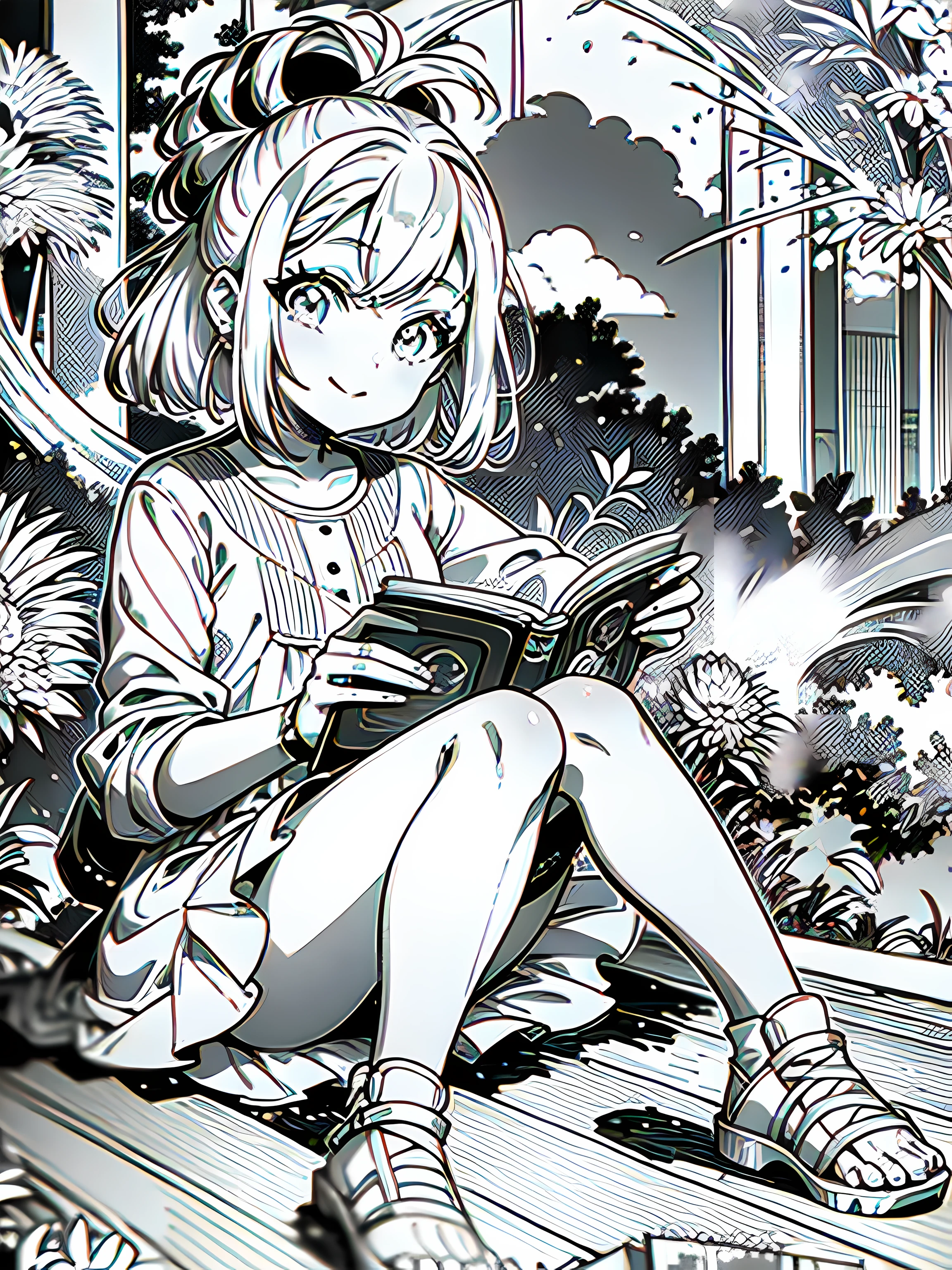 1 girl, (appearance:1.1), with a youthful and innocent aura, wearing a cute dress or top and shorts or a skirt, paired with sneakers or sandals, with a bright and cheerful expression on her face, perhaps playing with toys or reading a book, with stuffed animals, dolls, or art supplies scattered around her, creating a playful and imaginative environment. Alternatively, she may be seen spending time with friends or family members, laughing and chatting in a park or at a picnic, with trees, flowers, and nature visible in the background, manga, manga style, black and white